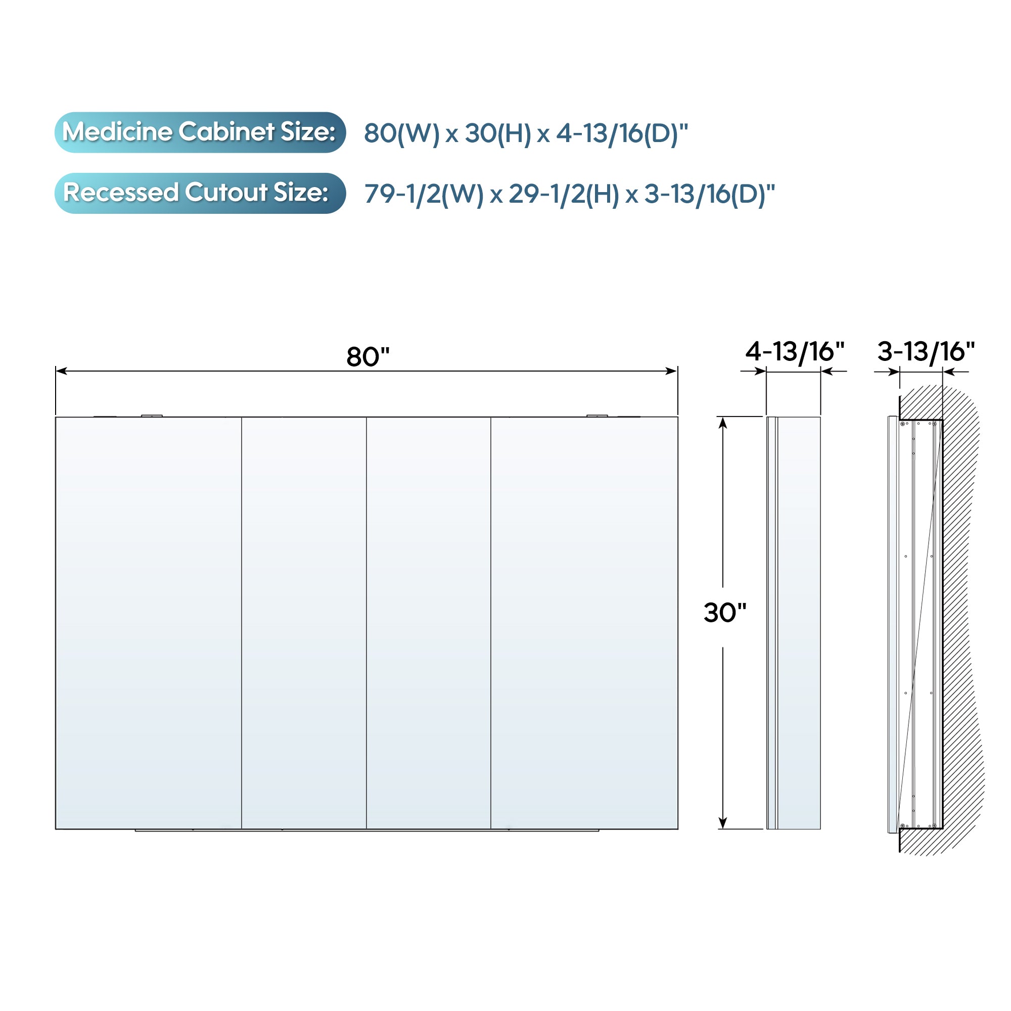 80 in. ×30 in. Copper-Free Tri-Views Mirror Medicine Cabinet with Adjustable Shelves and 4 Swing Doors