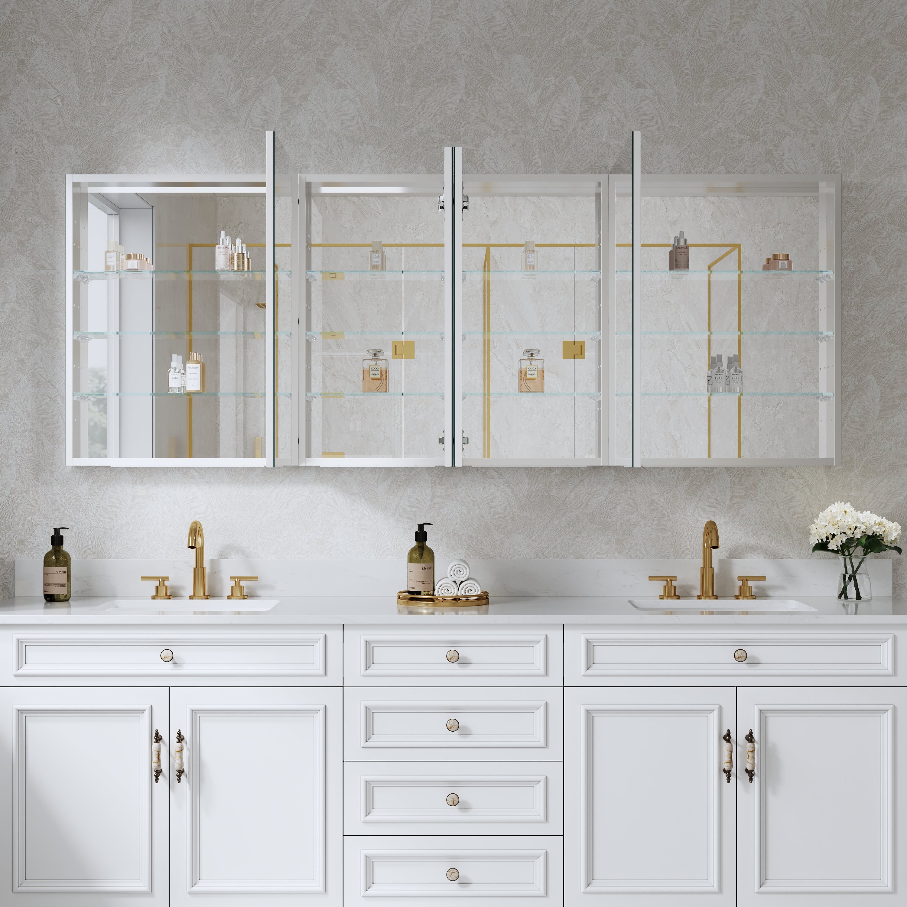80 in. ×30 in. Copper-Free Tri-Views Mirror Medicine Cabinet with Adjustable Shelves and 4 Swing Doors