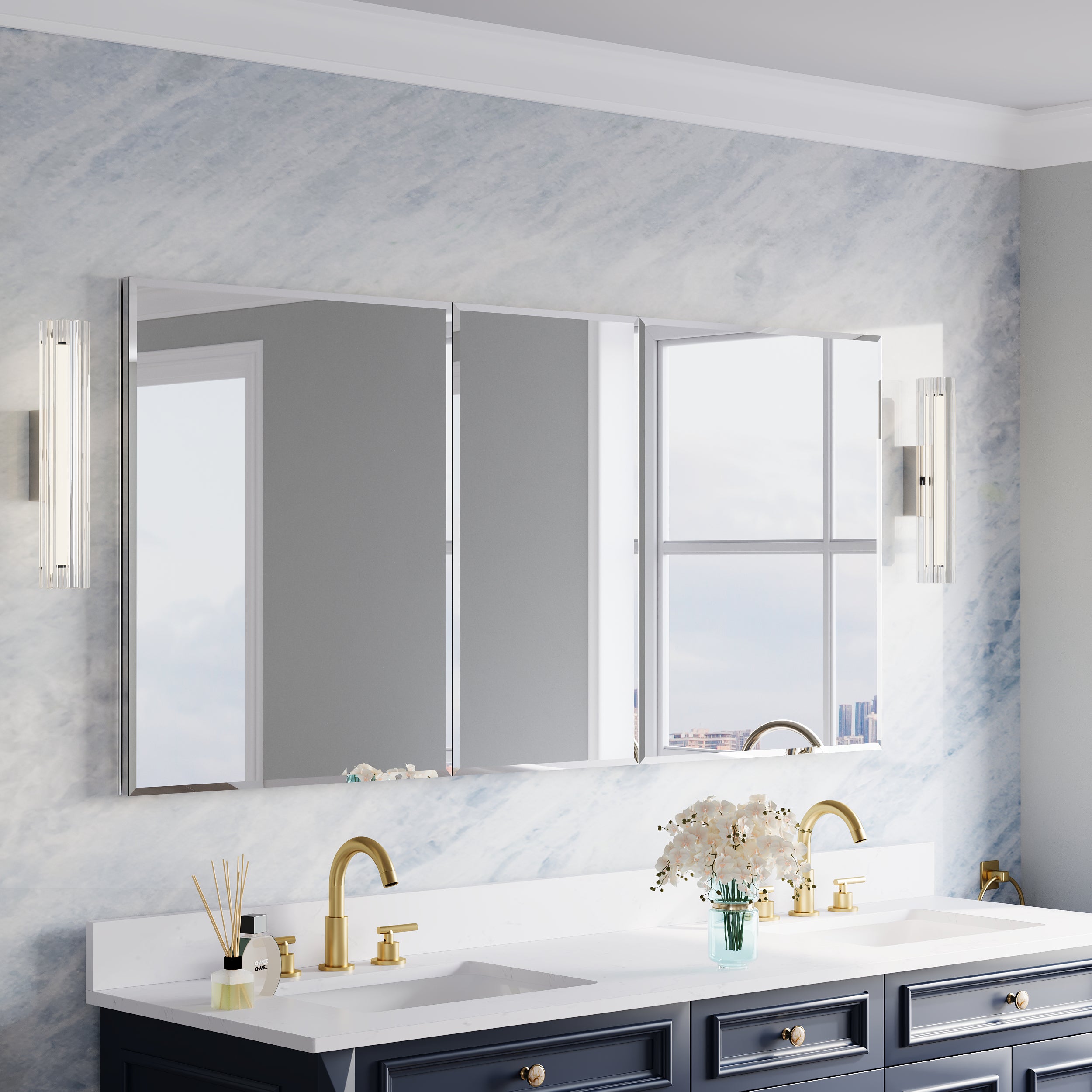 64 in.×30 in.H Copper-Free Mirror Medicine Cabinet with Beveled Mirror Door, Soft-Close Blum® Hinges, 9 Adjustable Shelves