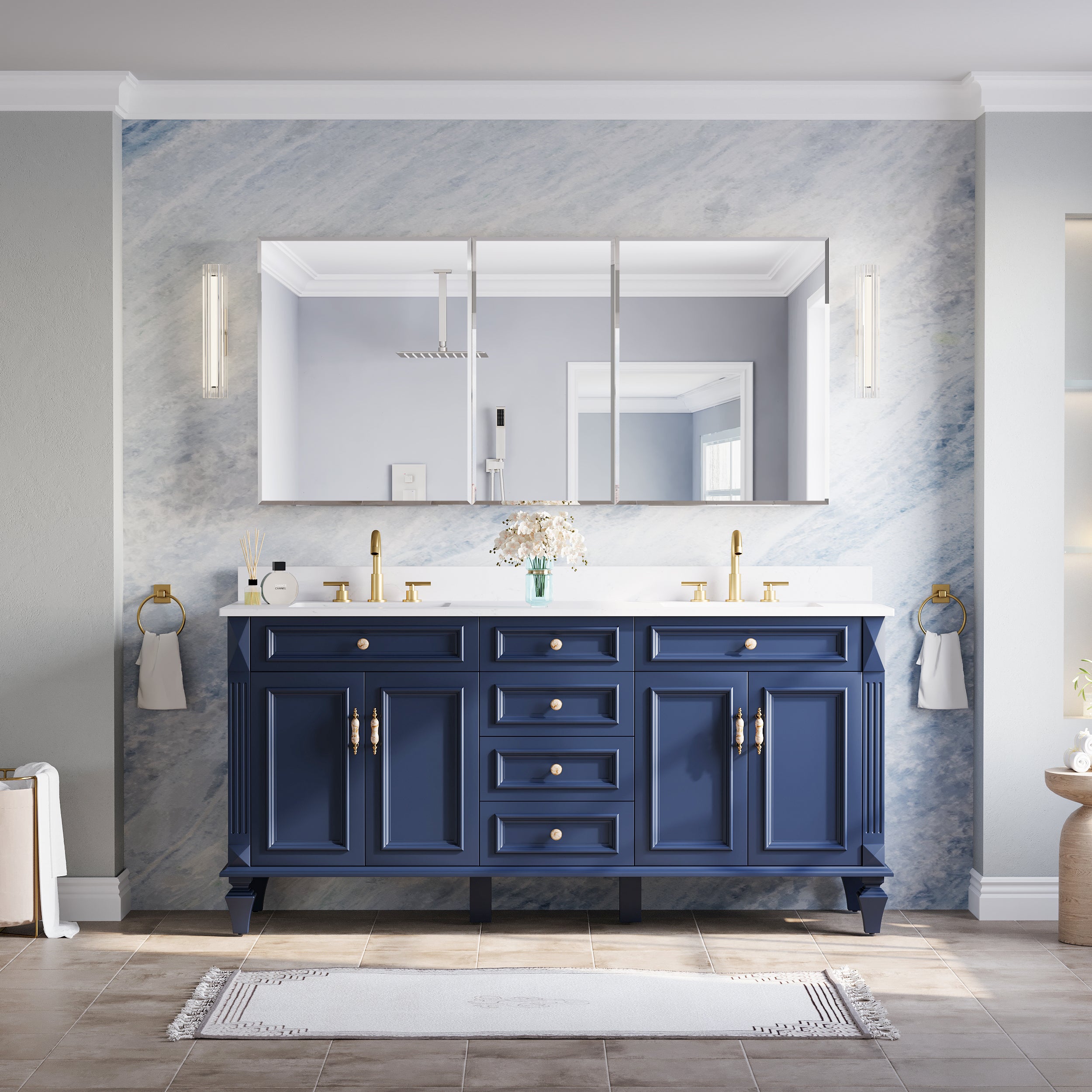 64 in.×30 in.H Copper-Free Mirror Medicine Cabinet with Beveled Mirror Door, Soft-Close Blum® Hinges, 9 Adjustable Shelves