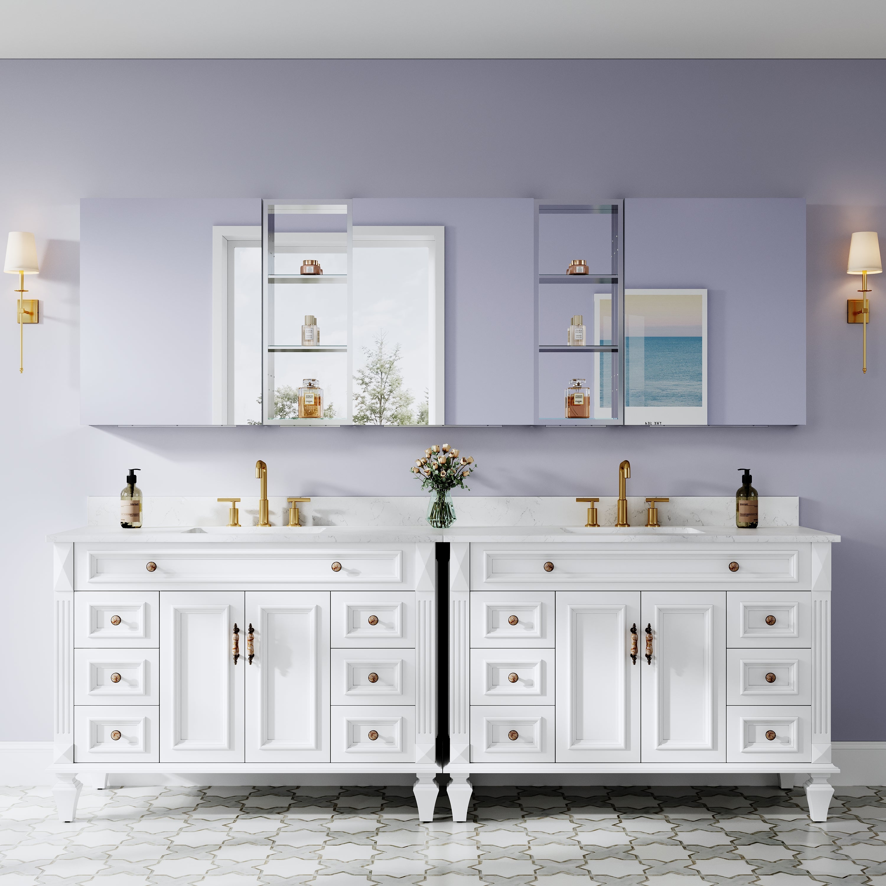 96 in. ×30 in. Bathroom Medicine Cabinet Set with Copper-Free Tri-View Mirror and Open Side Cabinet, Recessed or Surface Mount