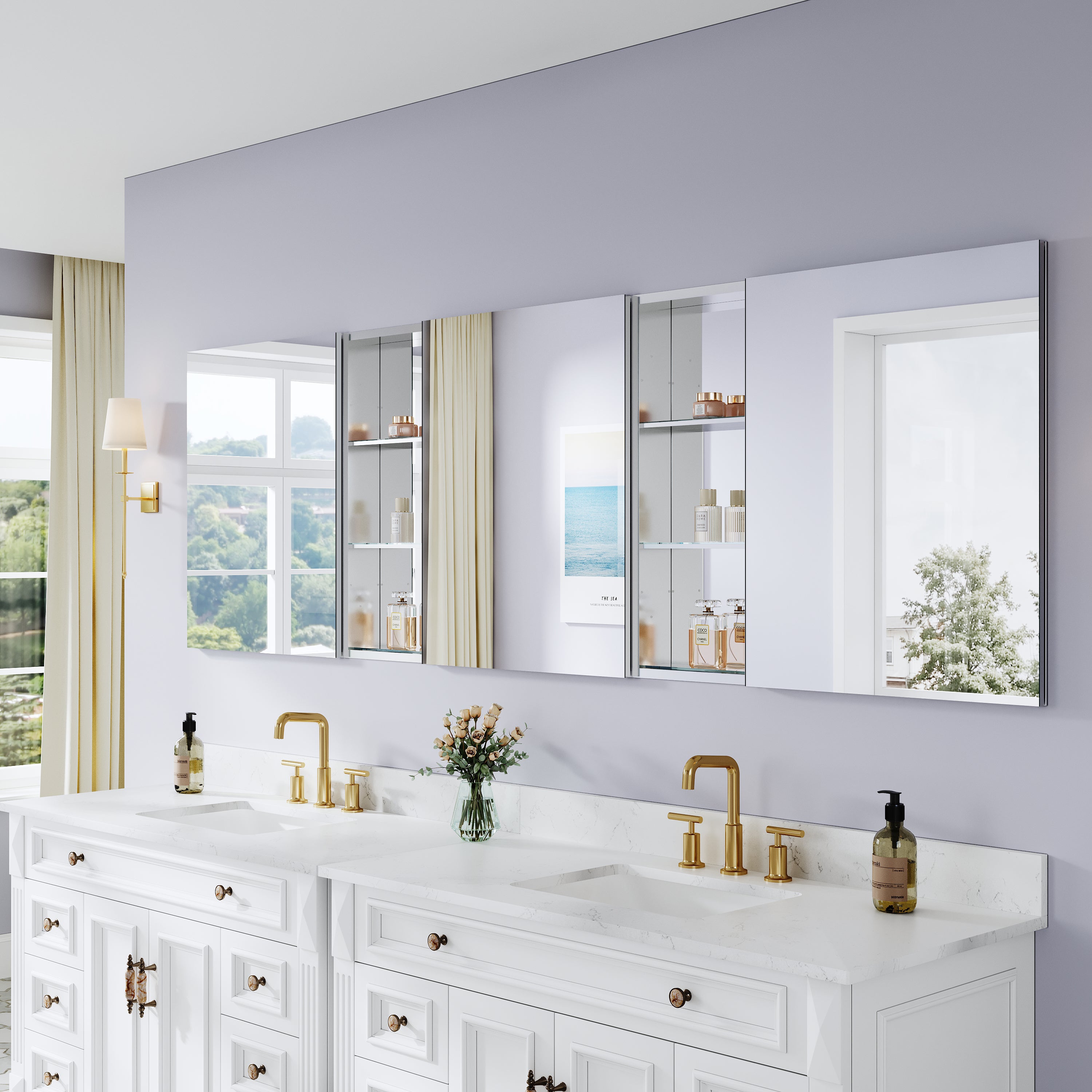 96 in. ×30 in. Bathroom Medicine Cabinet Set with Copper-Free Tri-View Mirror and Open Side Cabinet, Recessed or Surface Mount