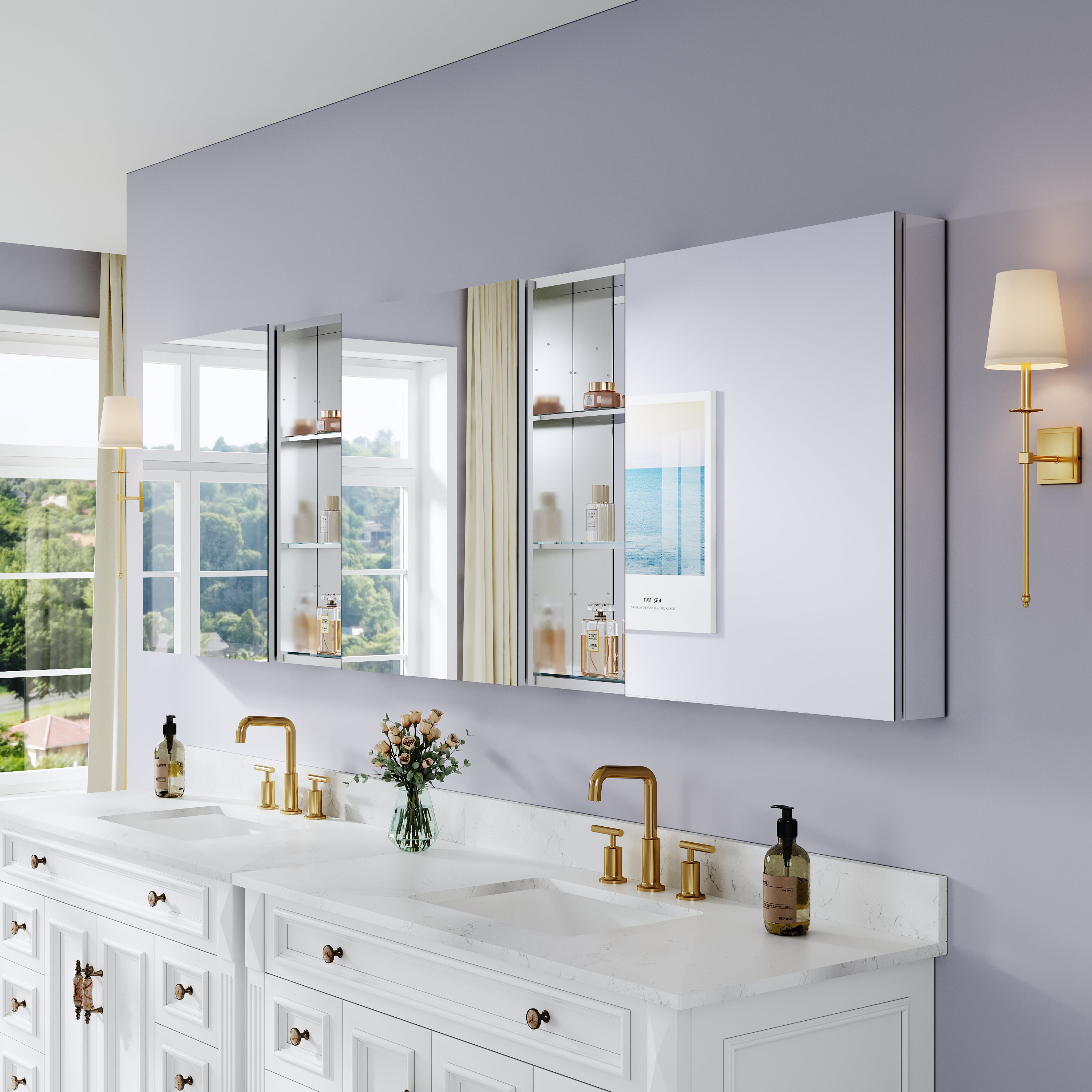 96 in. ×30 in. Bathroom Medicine Cabinet Set with Copper-Free Tri-View Mirror and Open Side Cabinet, Recessed or Surface Mount