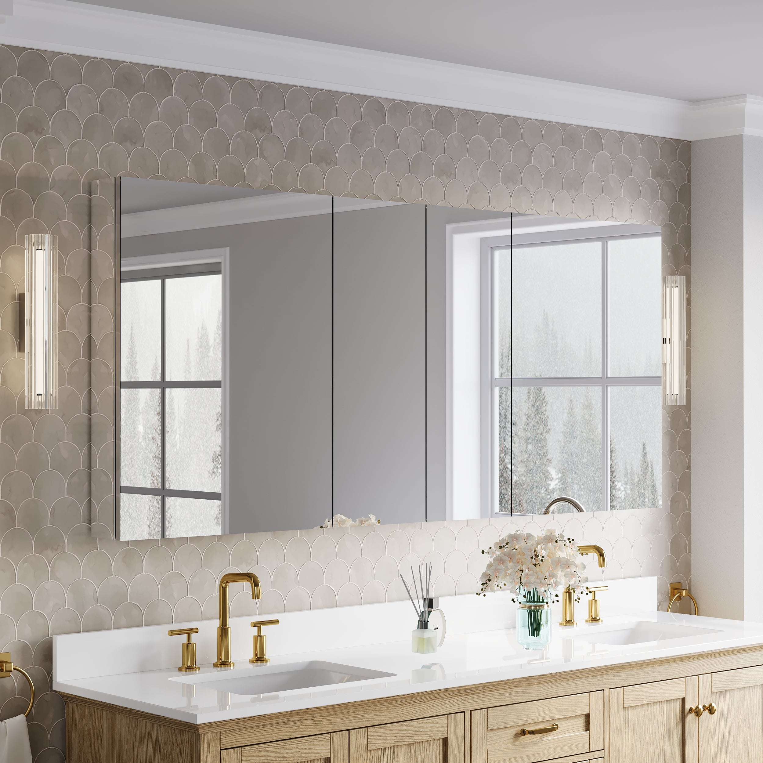 72 in.×32 in.H Copper-Free Mirror Medicine Cabinet with Soft-Close Blum® Hinges and Recessed/Surface Mount