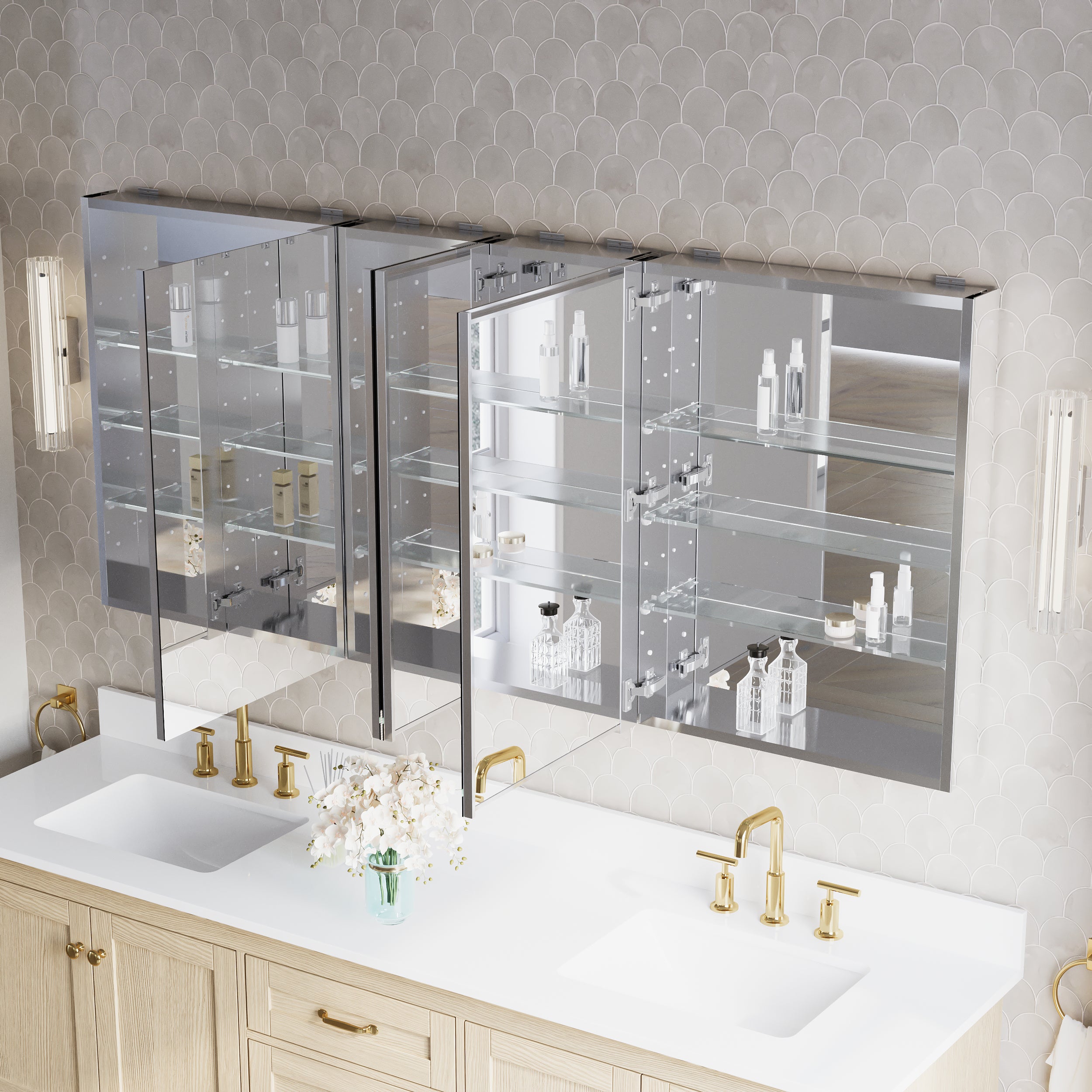 72 in.×32 in.H Copper-Free Mirror Medicine Cabinet with Soft-Close Blum® Hinges and Recessed/Surface Mount