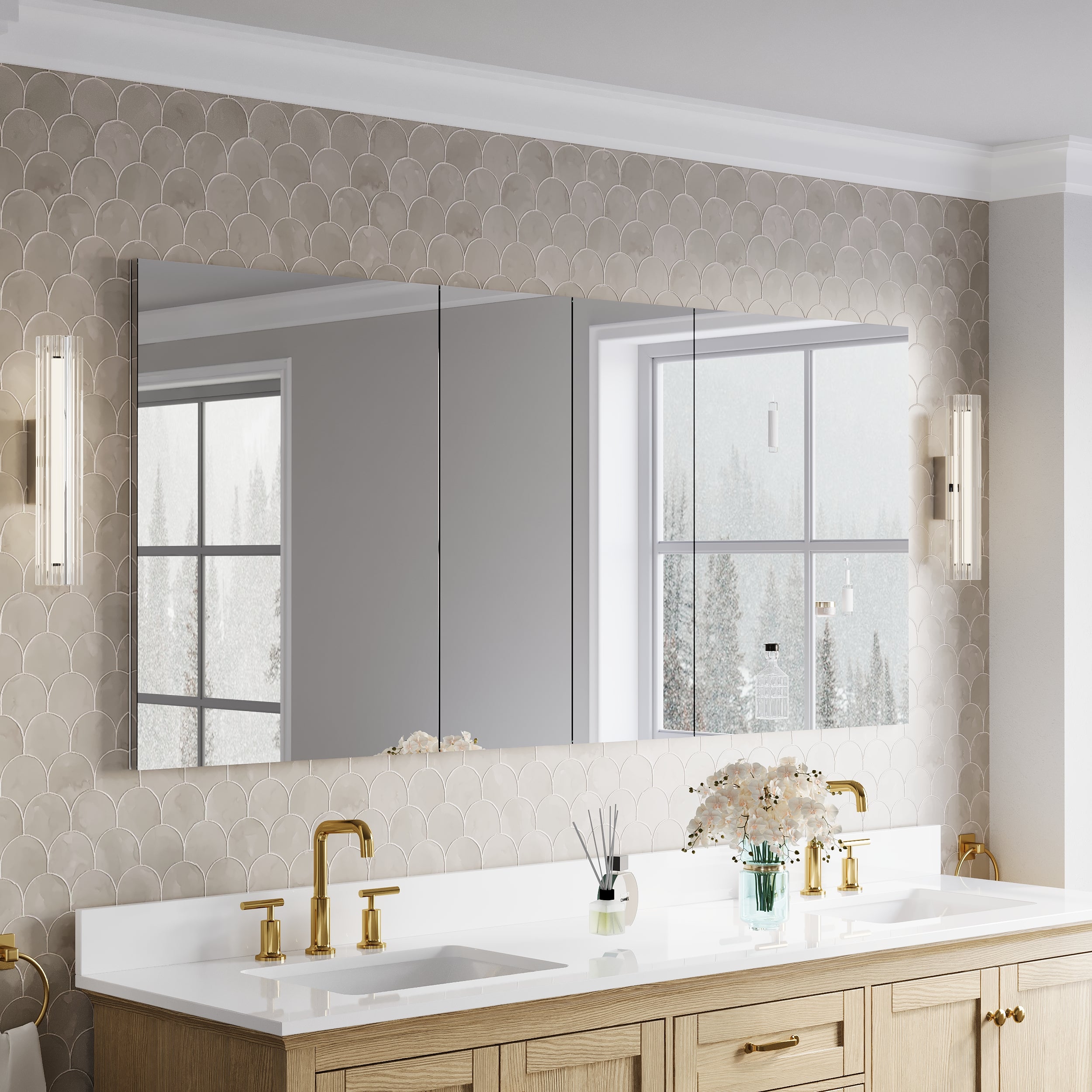 72 in.×32 in.H Copper-Free Mirror Medicine Cabinet with Soft-Close Blum® Hinges and Recessed/Surface Mount