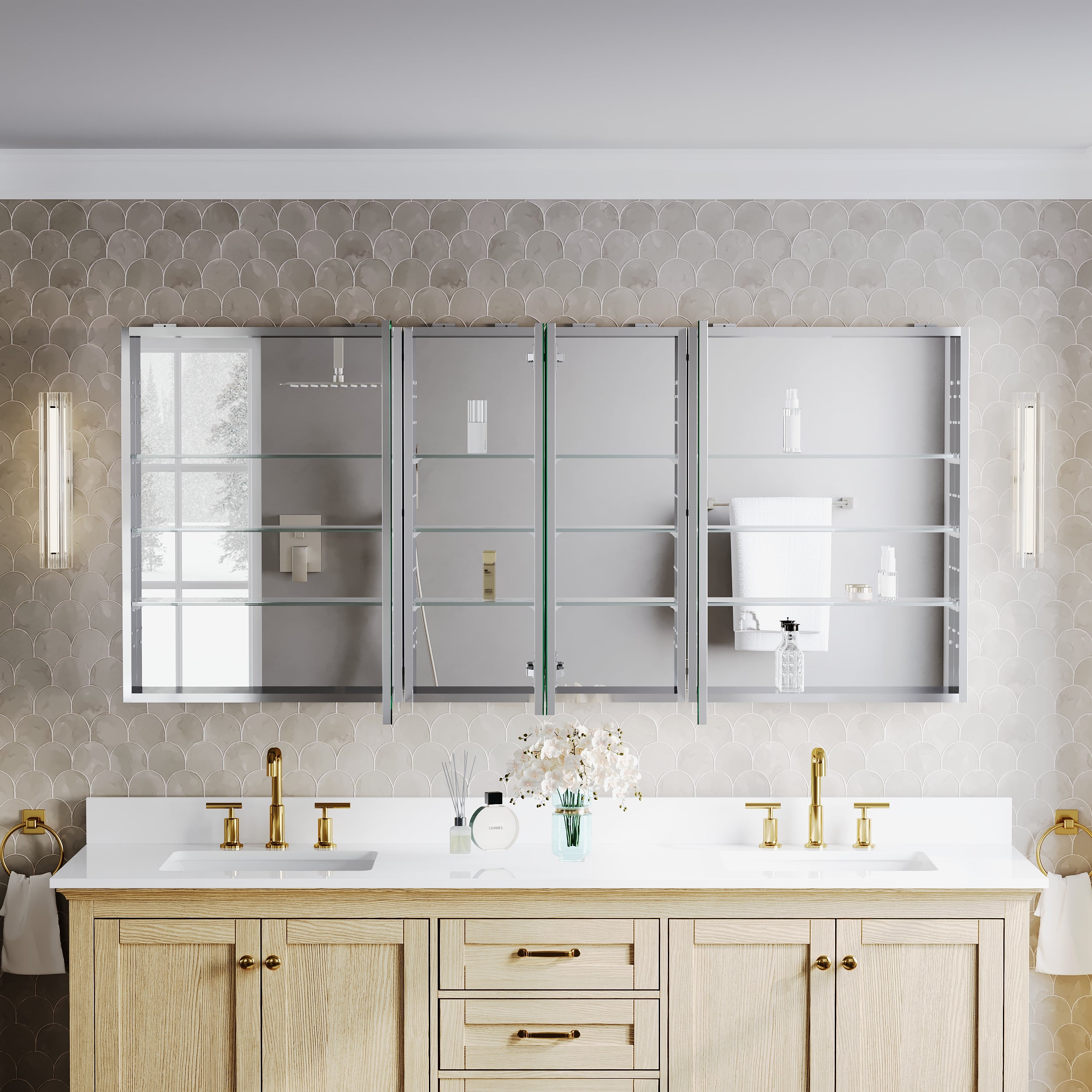 72 in.×32 in.H Copper-Free Mirror Medicine Cabinet with Soft-Close Blum® Hinges and Recessed/Surface Mount