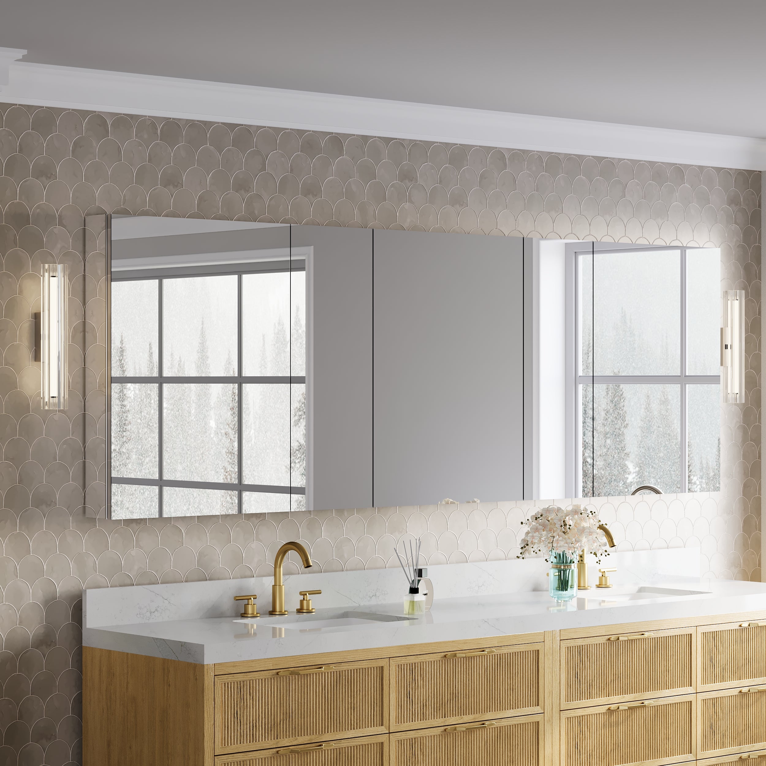 96 in.×32 in.H Copper-Free Mirror Medicine Cabinet with Soft-Close Blum® Hinges and 5 Doors