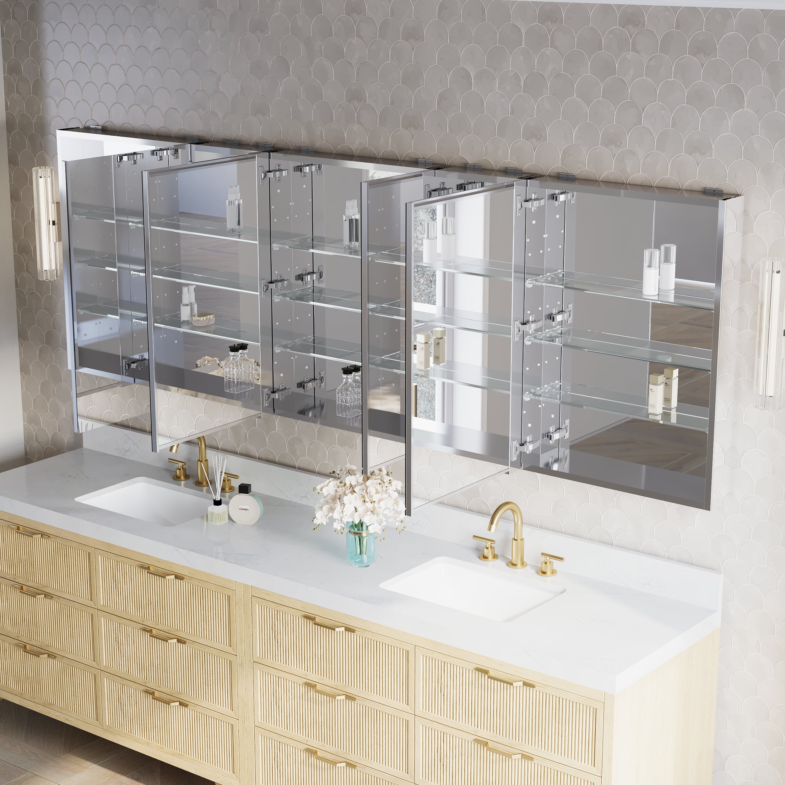 96 in.×32 in.H Copper-Free Mirror Medicine Cabinet with Soft-Close Blum® Hinges and 5 Doors