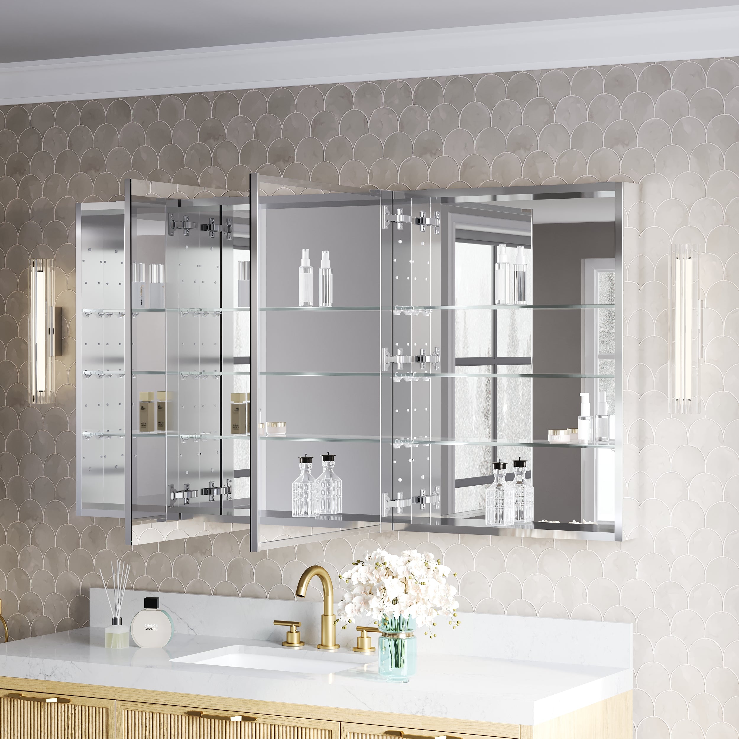 60 in.×32 in.H Copper-Free Mirror Medicine Cabinet with Soft-Close Blum® Hinges and 3 Doors