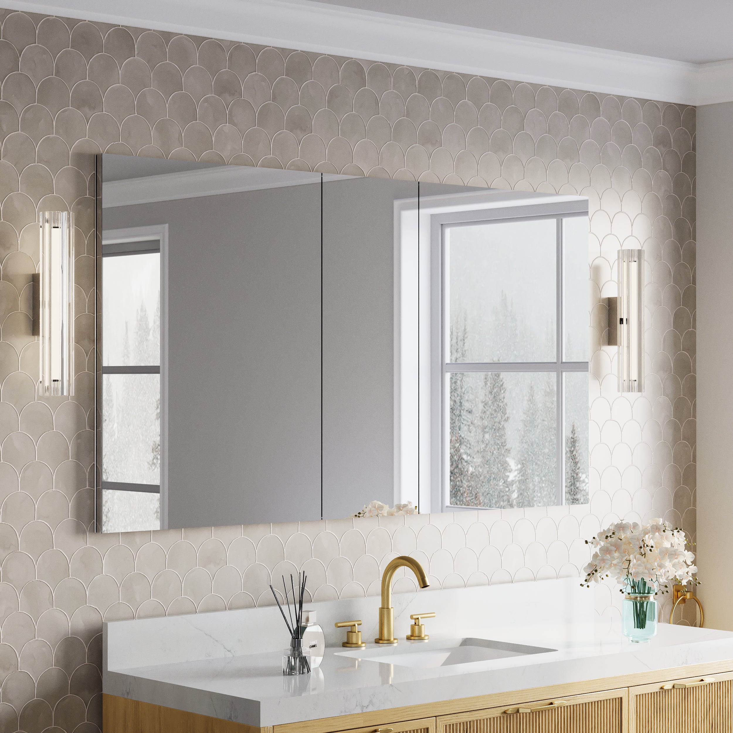 60 in.×32 in.H Copper-Free Mirror Medicine Cabinet with Soft-Close Blum® Hinges and 3 Doors