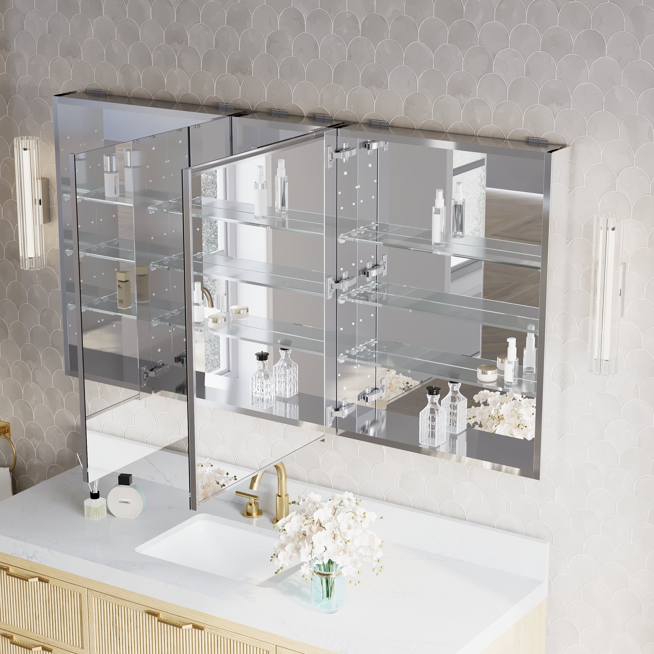 60 in.×32 in.H Copper-Free Mirror Medicine Cabinet with Soft-Close Blum® Hinges and 3 Doors