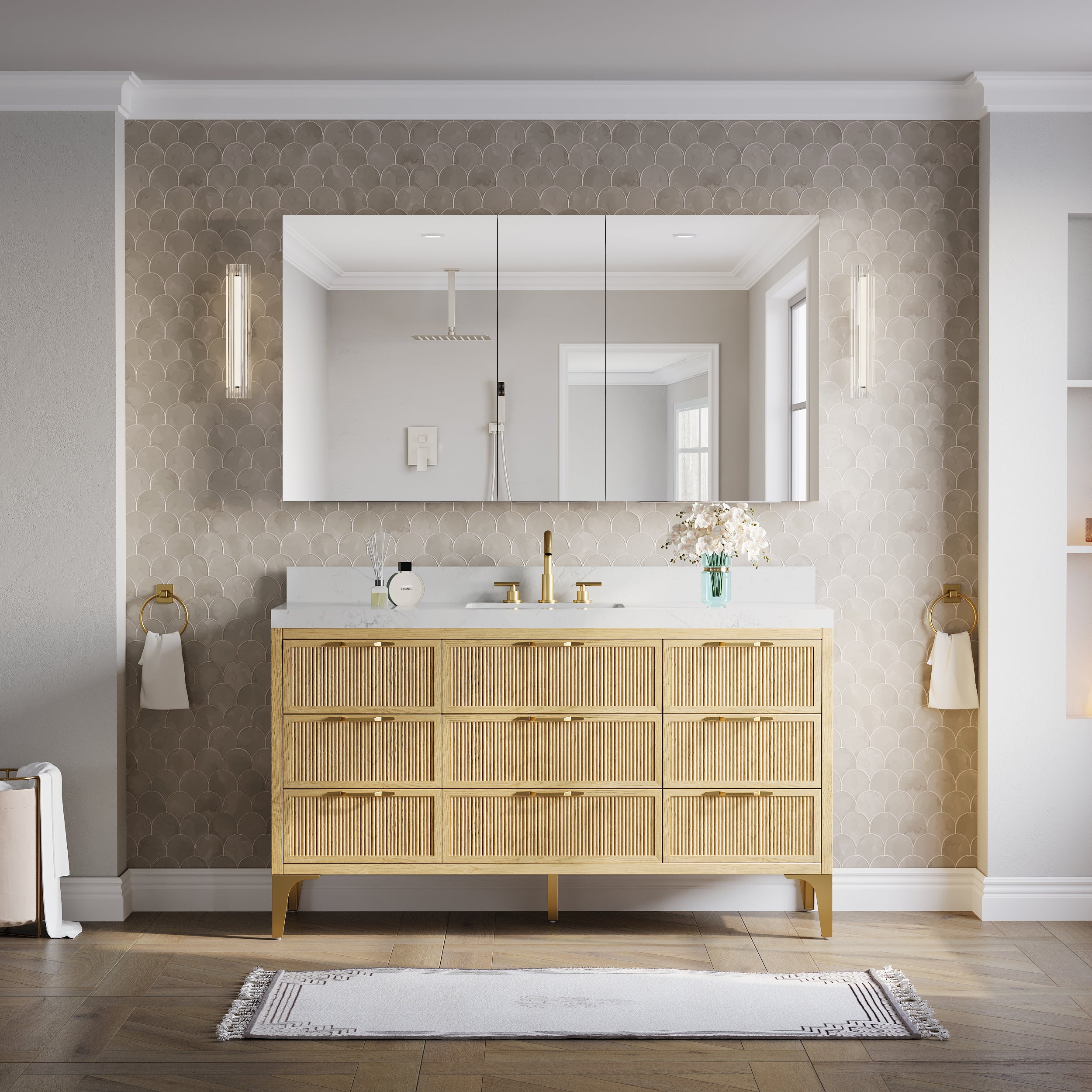 60 in.×32 in.H Copper-Free Mirror Medicine Cabinet with Soft-Close Blum® Hinges and 3 Doors