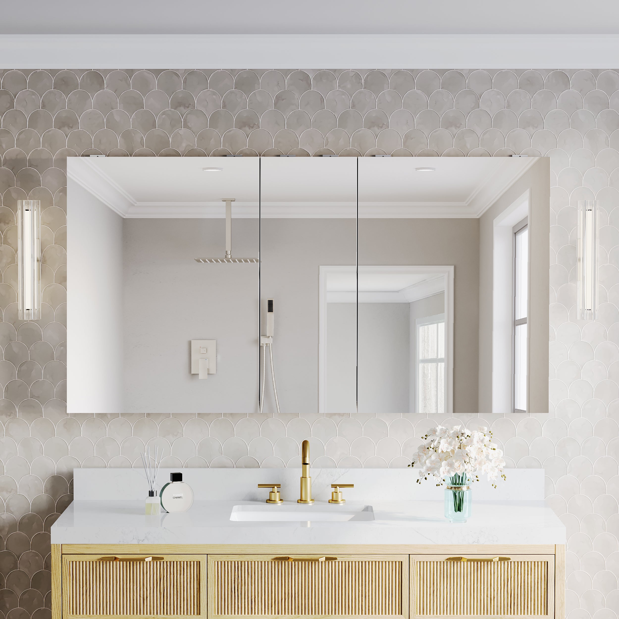 60 in.×32 in.H Copper-Free Mirror Medicine Cabinet with Soft-Close Blum® Hinges and 3 Doors