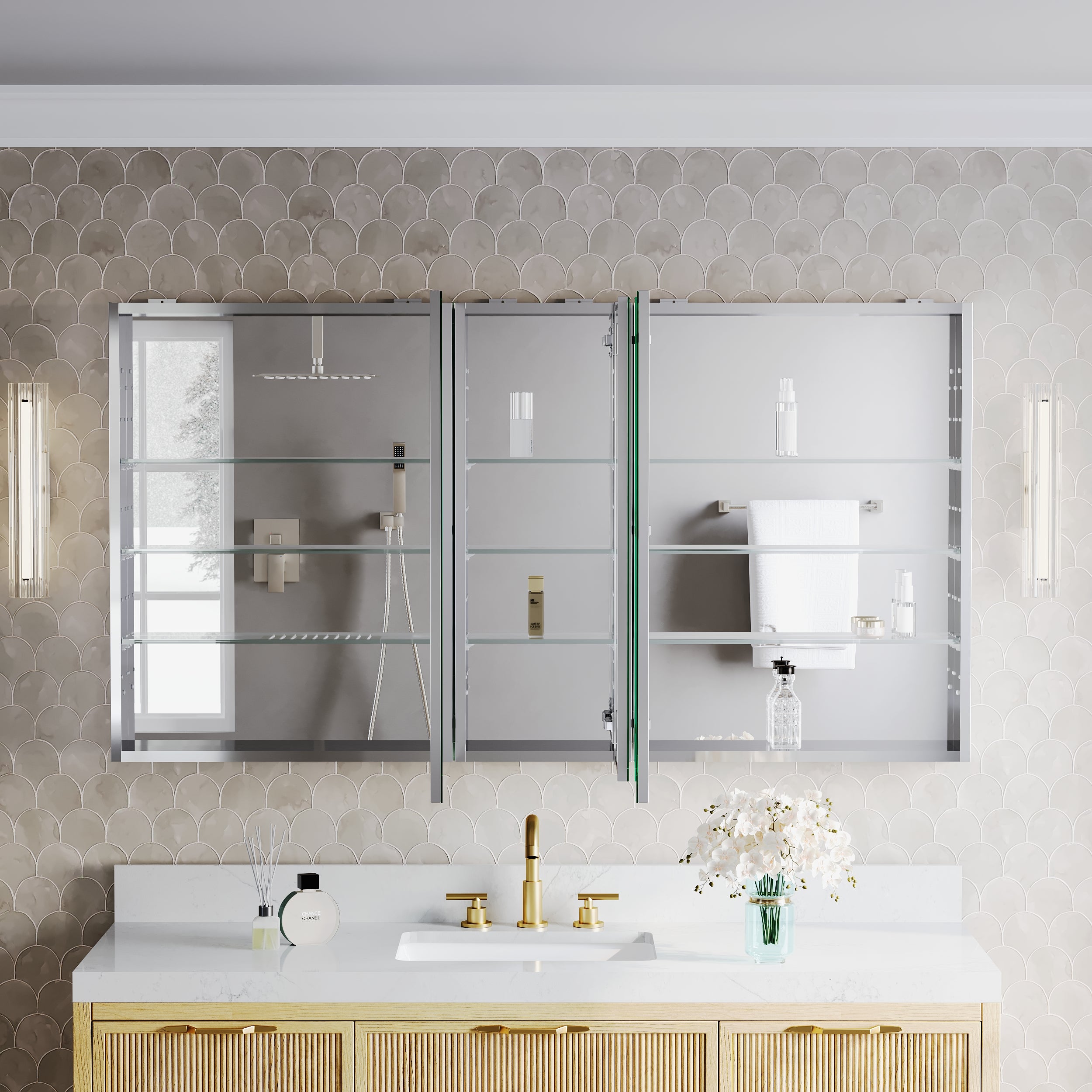 60 in.×32 in.H Copper-Free Mirror Medicine Cabinet with Soft-Close Blum® Hinges and 3 Doors