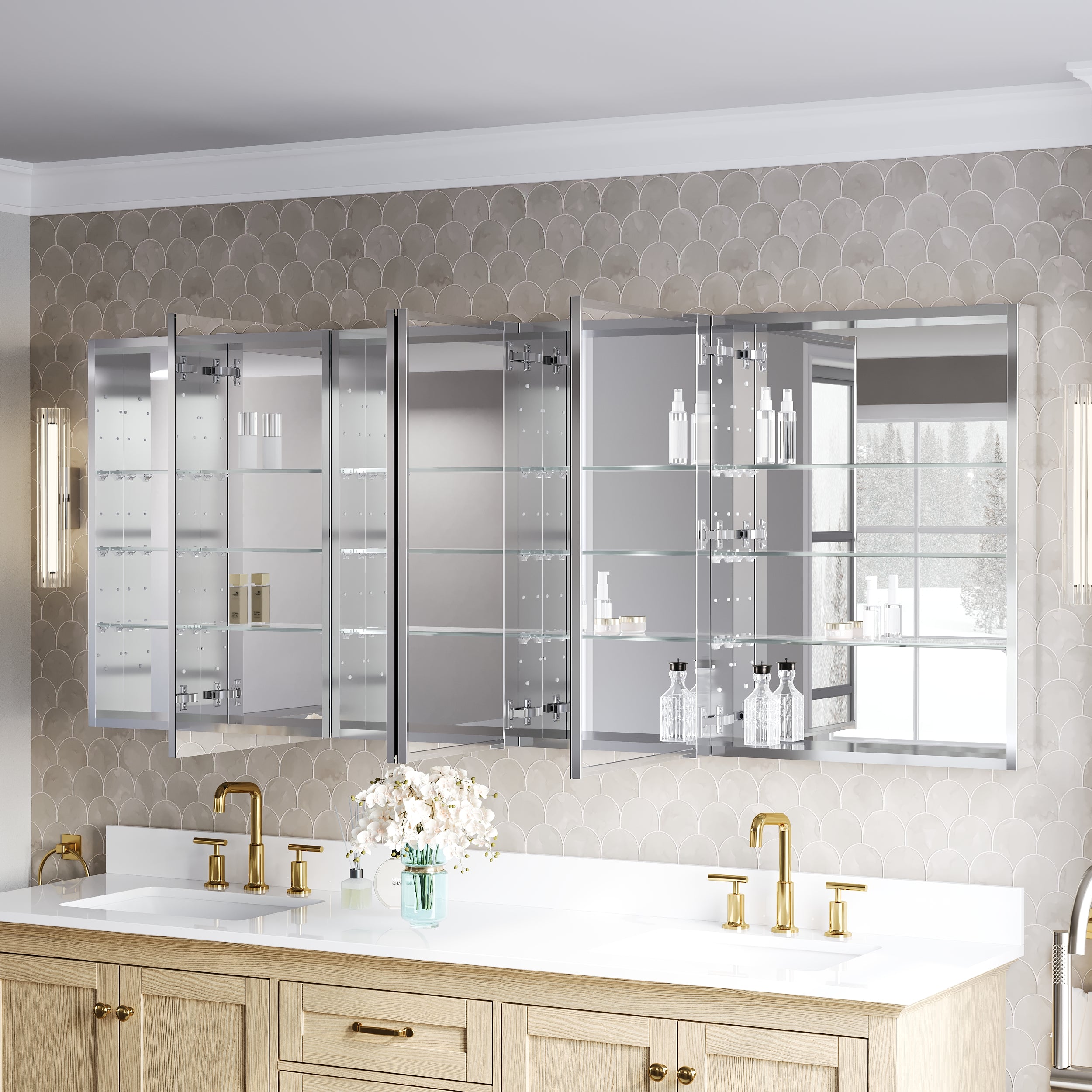 80 in.×32 in.H Copper-Free Mirror Medicine Cabinet with Soft-Close Blum® Hinges and 4 Doors