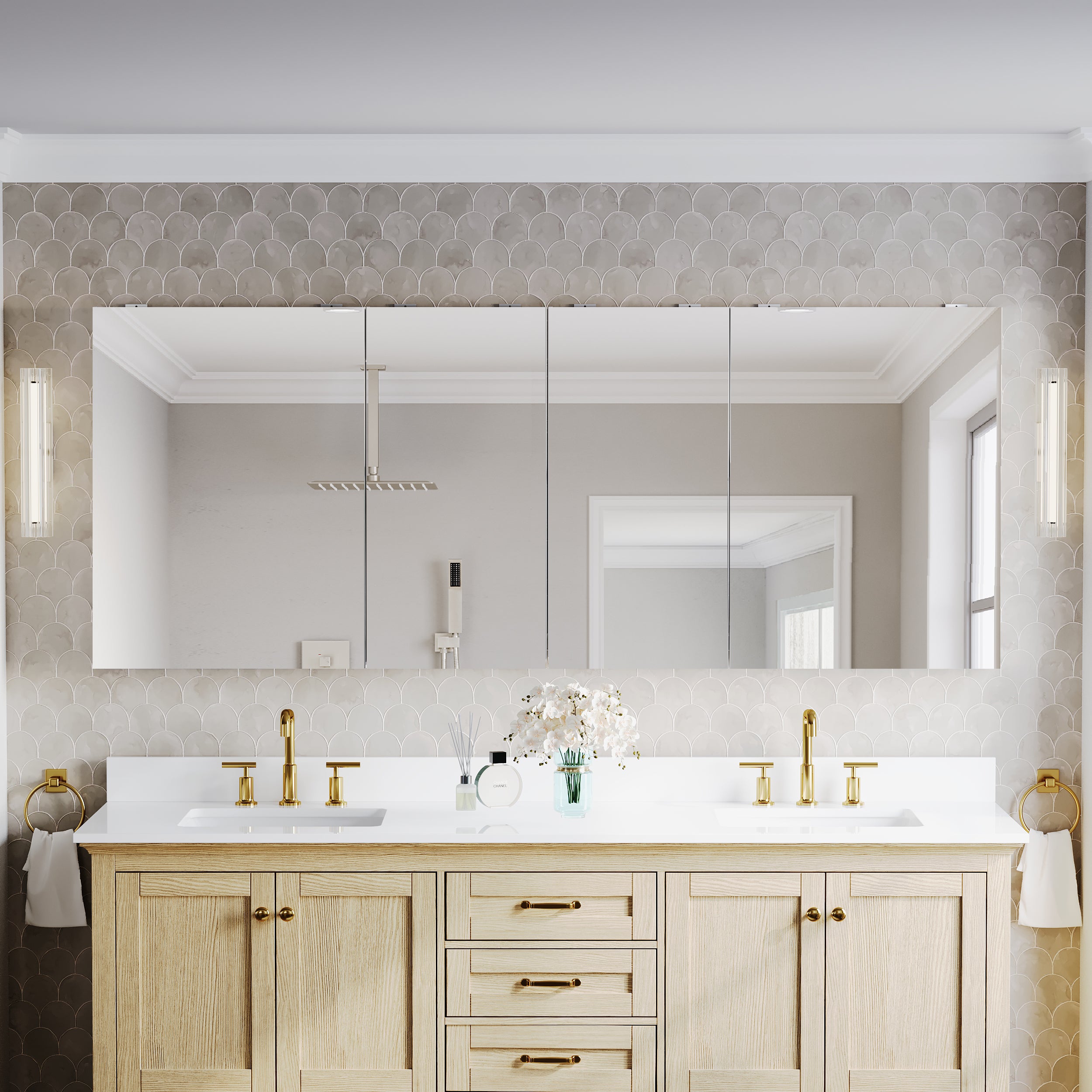 80 in.×32 in.H Copper-Free Mirror Medicine Cabinet with Soft-Close Blum® Hinges and 4 Doors