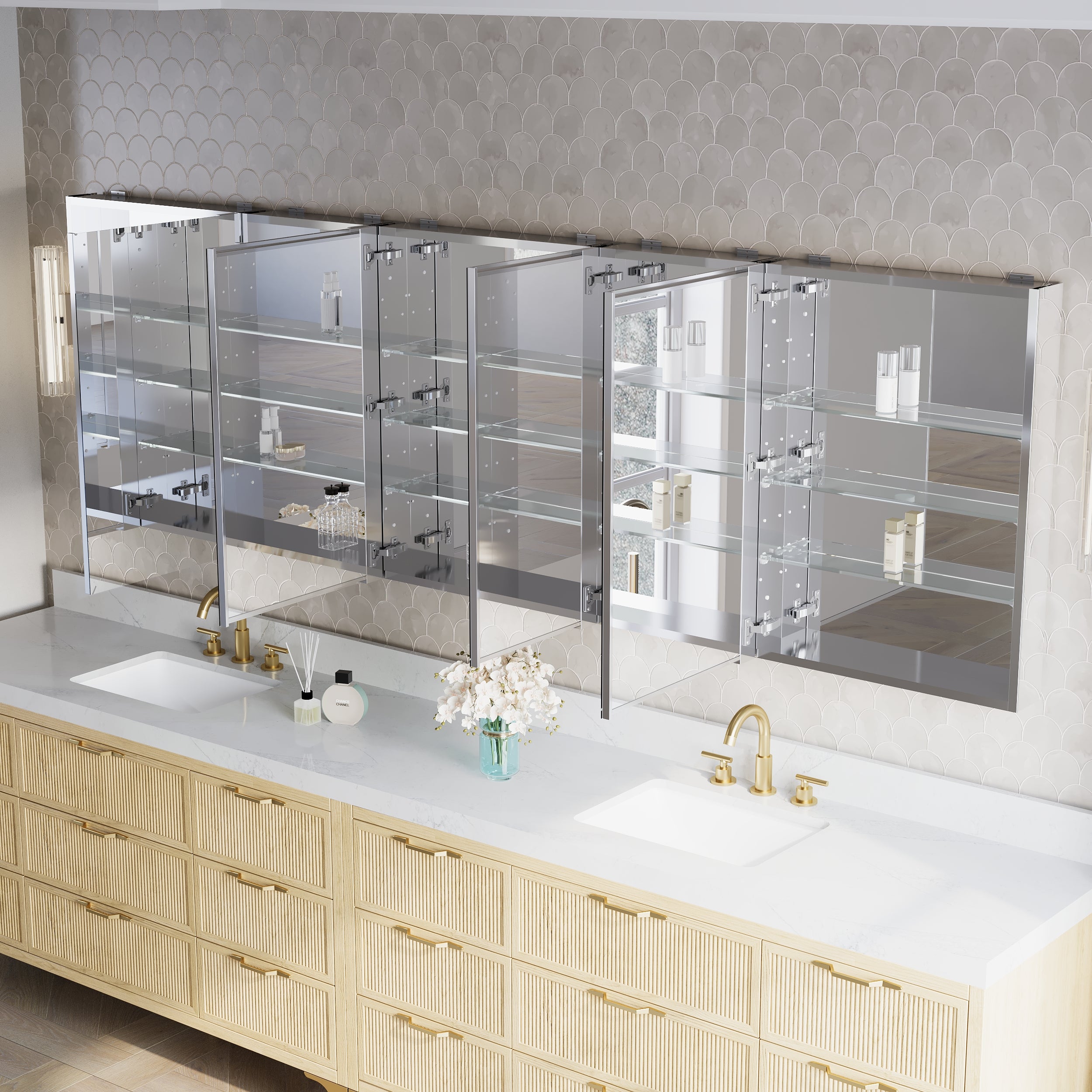 104 in.×32 in.H Copper-Free Mirror Medicine Cabinet with Soft-Close Blum® Hinges and 5 Doors