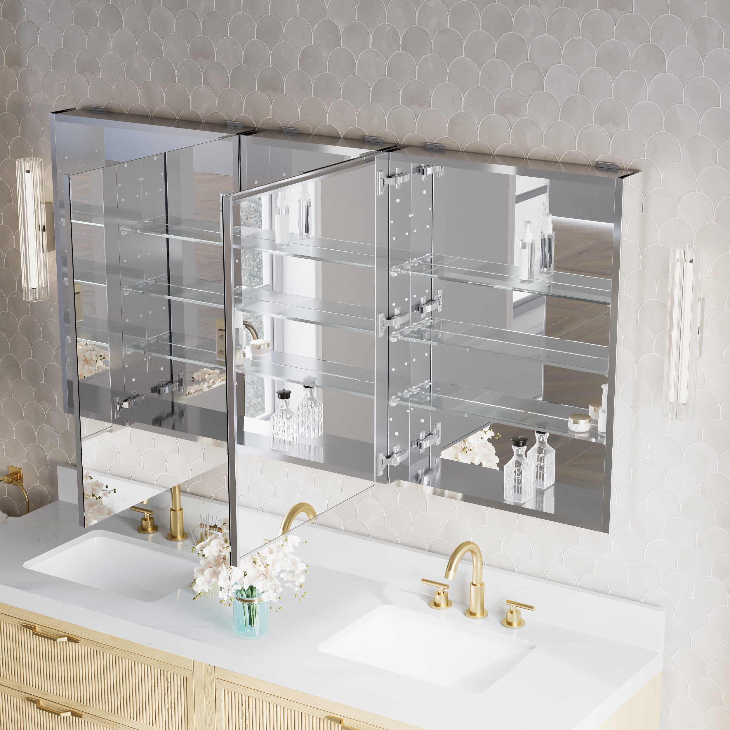 64 in.×32 in.H Aluminum Copper-Free Mirror Medicine Cabinet with Soft-Close Blum® Hinges and Recessed/Surface Mount