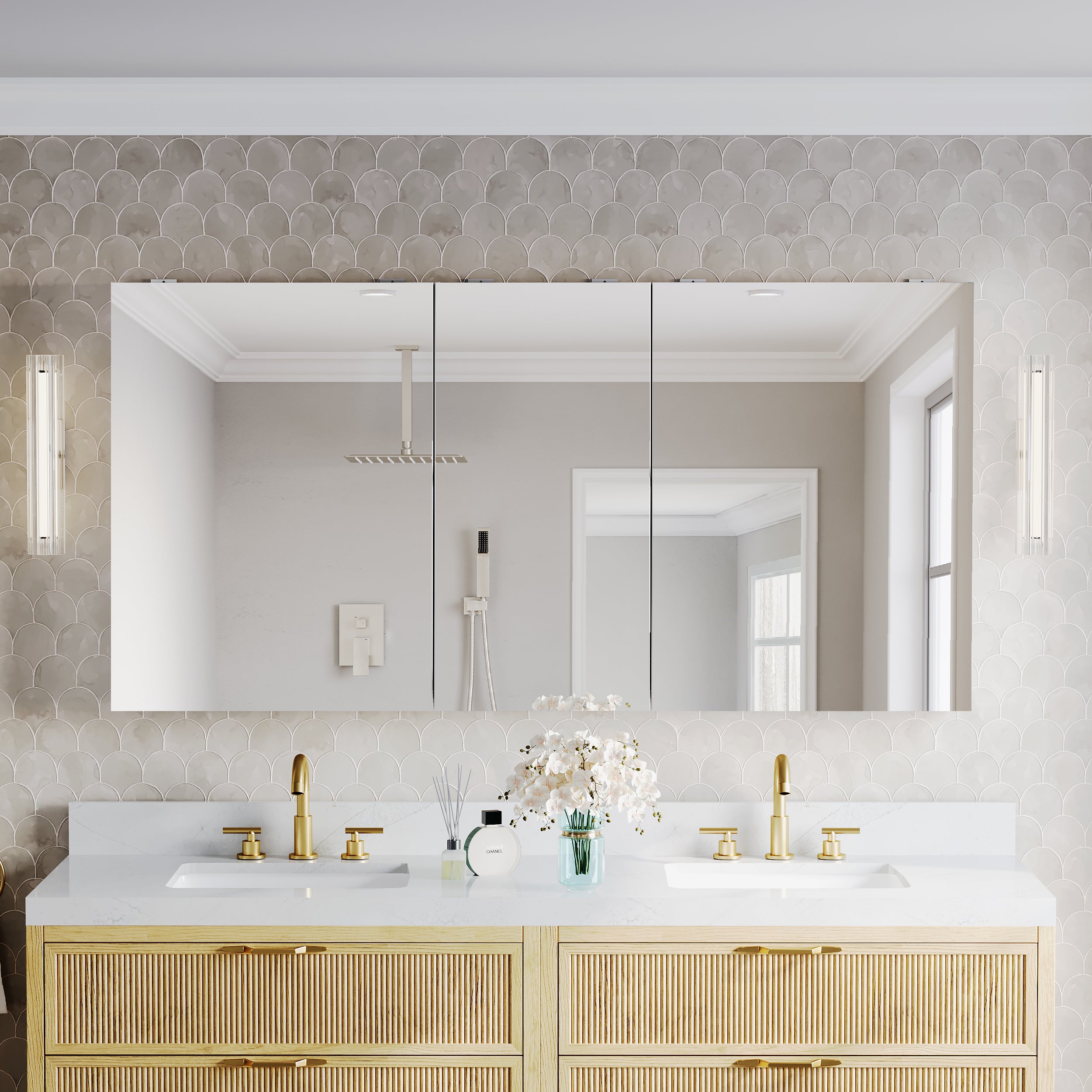 64 in.×32 in.H Aluminum Copper-Free Mirror Medicine Cabinet with Soft-Close Blum® Hinges and Recessed/Surface Mount