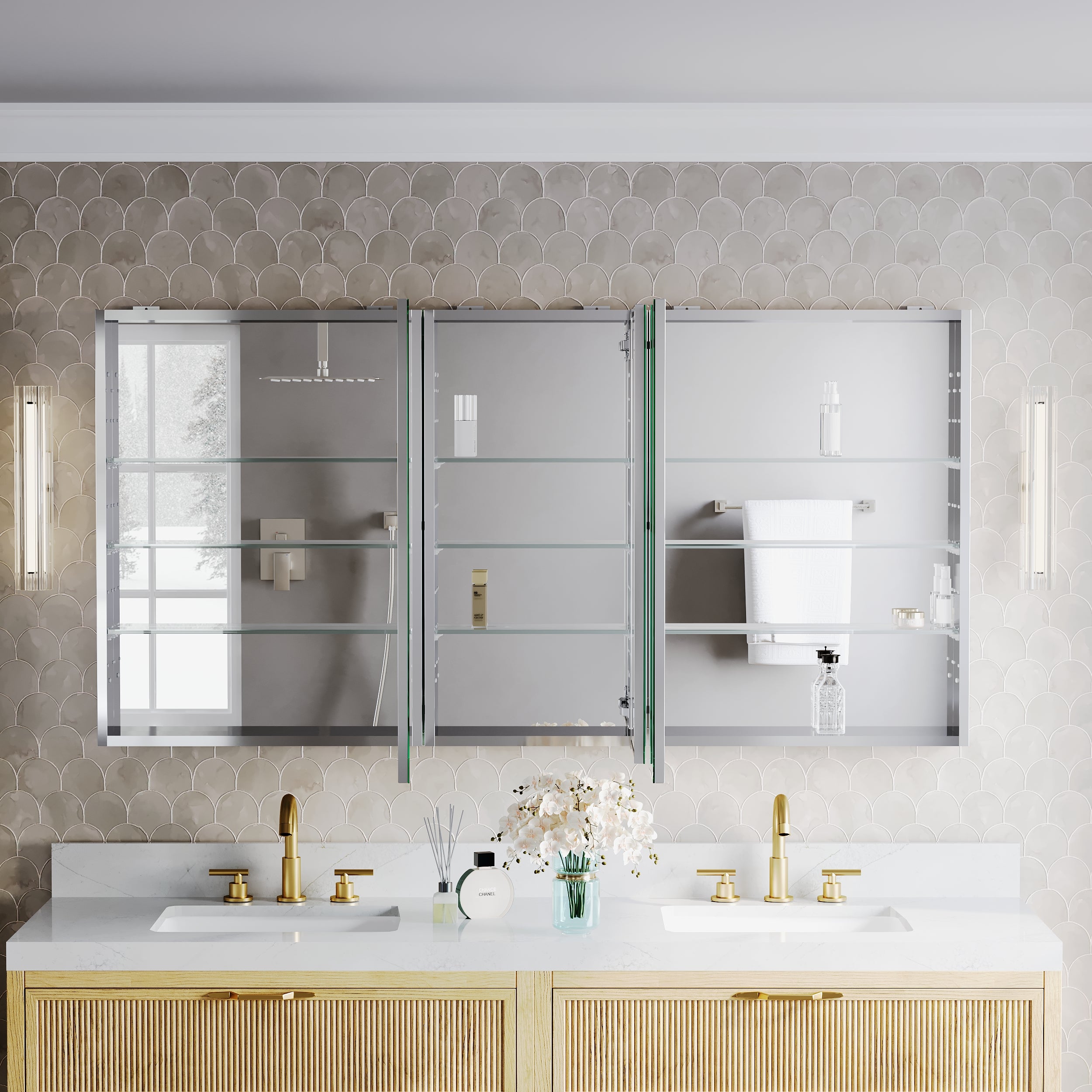 64 in.×32 in.H Aluminum Copper-Free Mirror Medicine Cabinet with Soft-Close Blum® Hinges and Recessed/Surface Mount