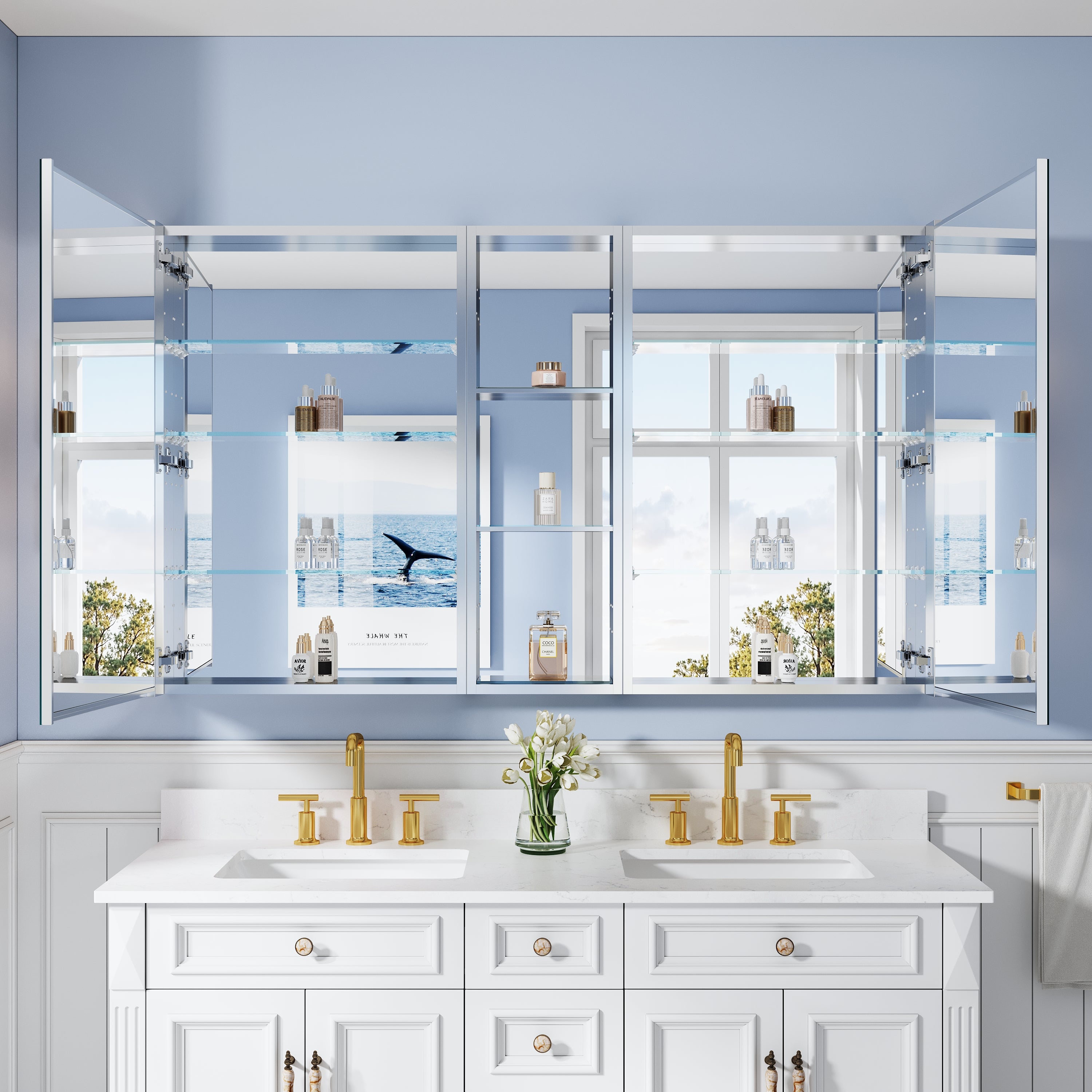 60 in. ×36 in. Bathroom Medicine Cabinet Set with Copper-Free Tri-View Mirror and Open Side Cabinet, Recessed or Surface Mount