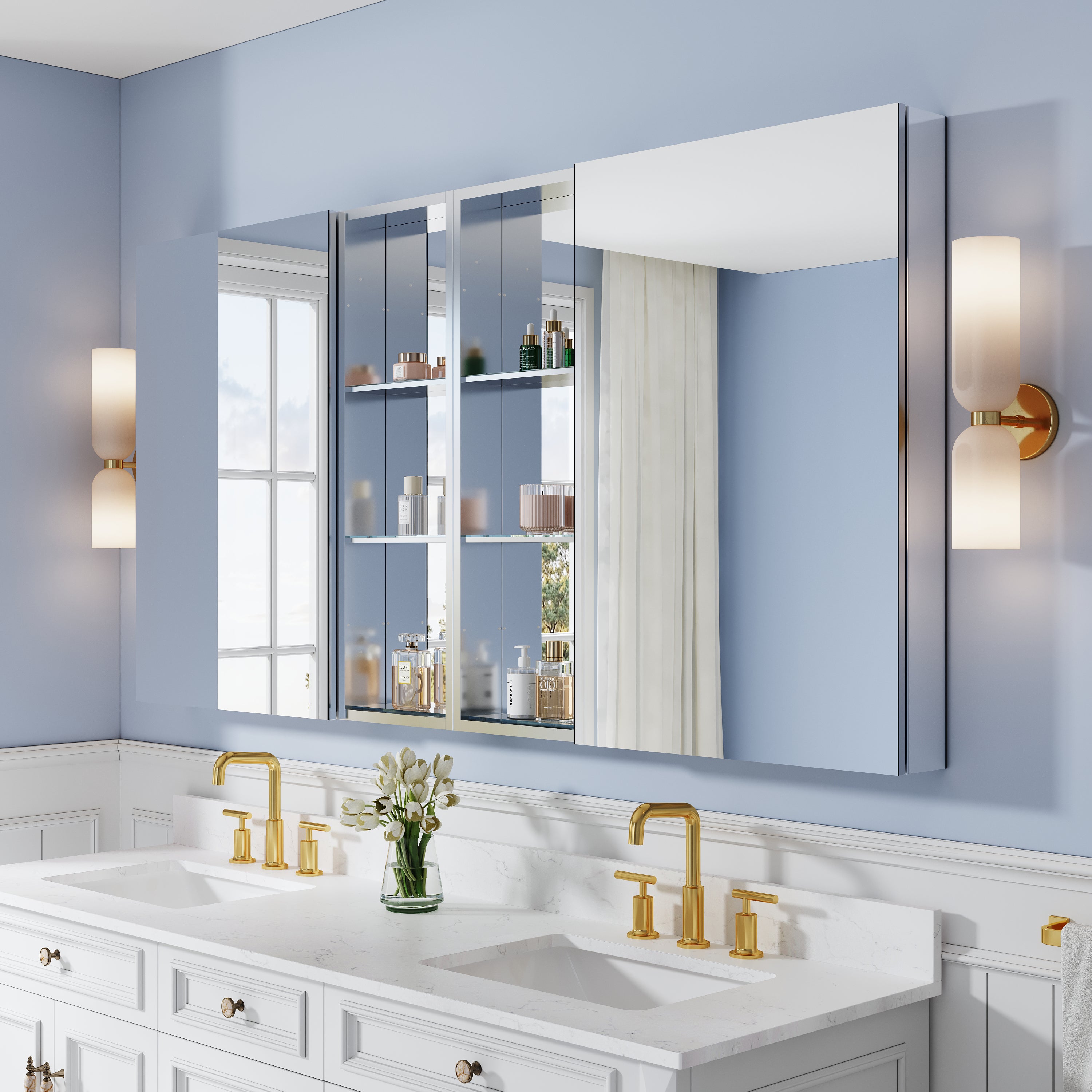 72 in. ×36 in. Bathroom Medicine Cabinet Set with Copper-Free Tri-View Mirror and Open Side Cabinet, Recessed or Surface Mount