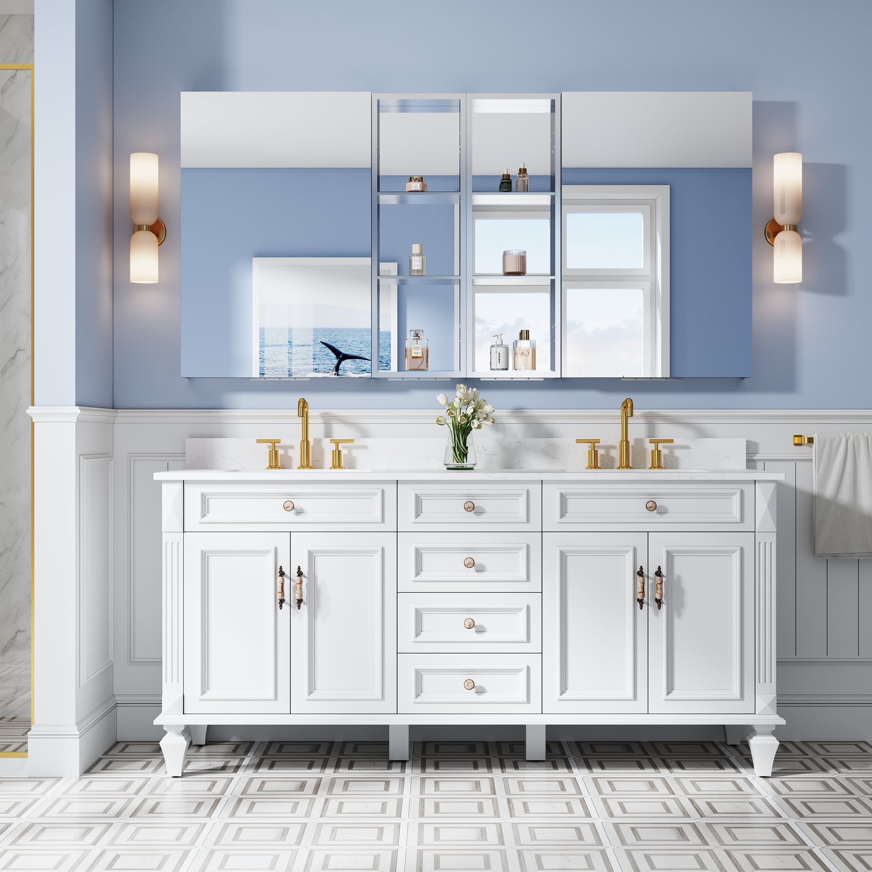 72 in. ×36 in. Bathroom Medicine Cabinet Set with Copper-Free Tri-View Mirror and Open Side Cabinet, Recessed or Surface Mount