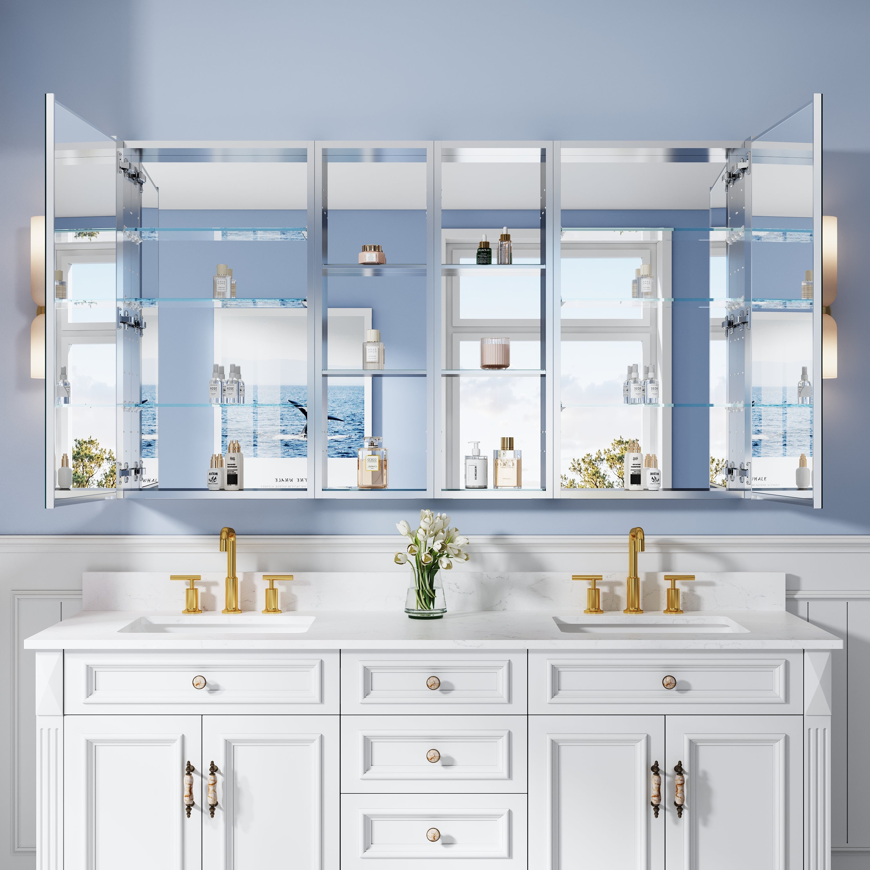 72 in. ×36 in. Bathroom Medicine Cabinet Set with Copper-Free Tri-View Mirror and Open Side Cabinet, Recessed or Surface Mount