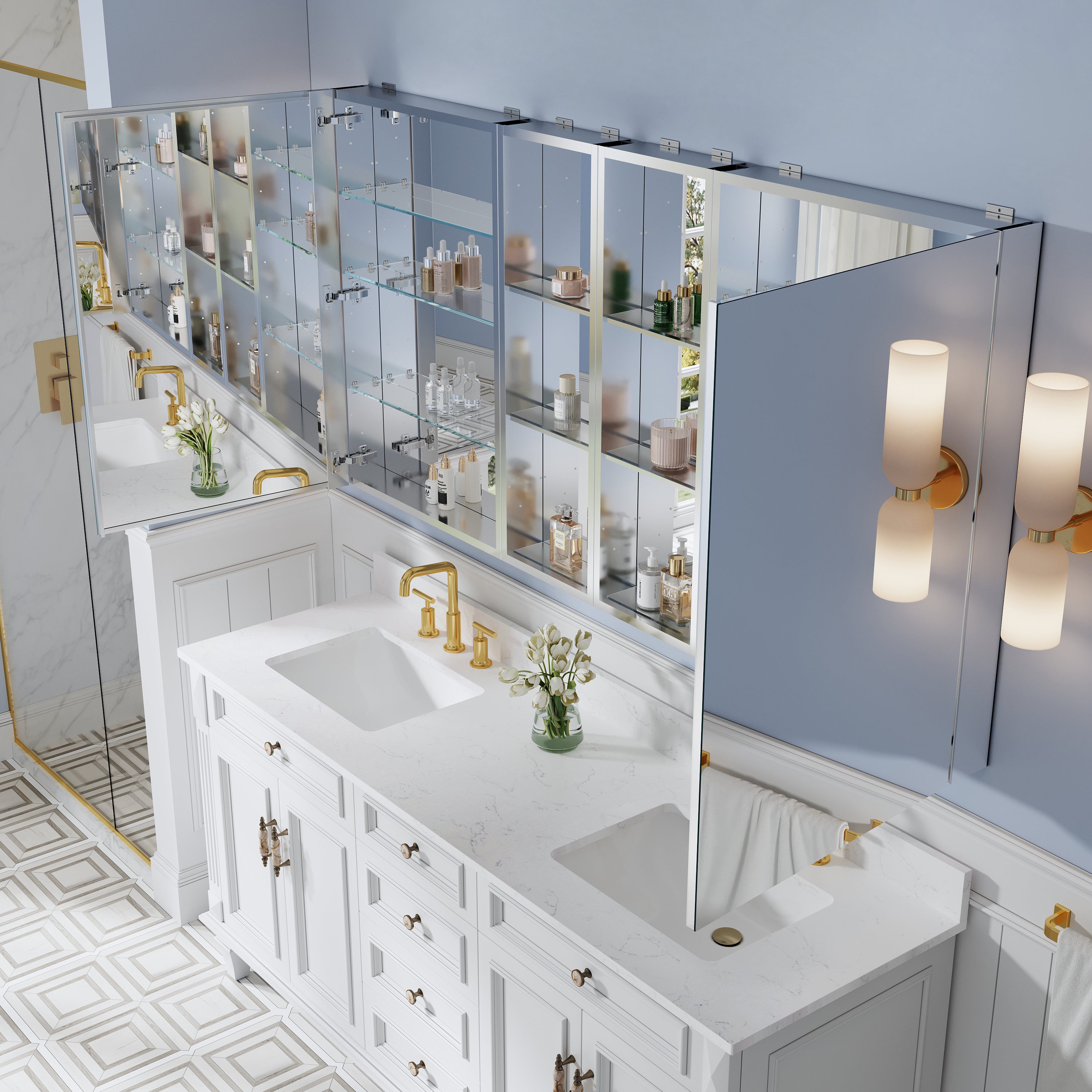 72 in. ×36 in. Bathroom Medicine Cabinet Set with Copper-Free Tri-View Mirror and Open Side Cabinet, Recessed or Surface Mount