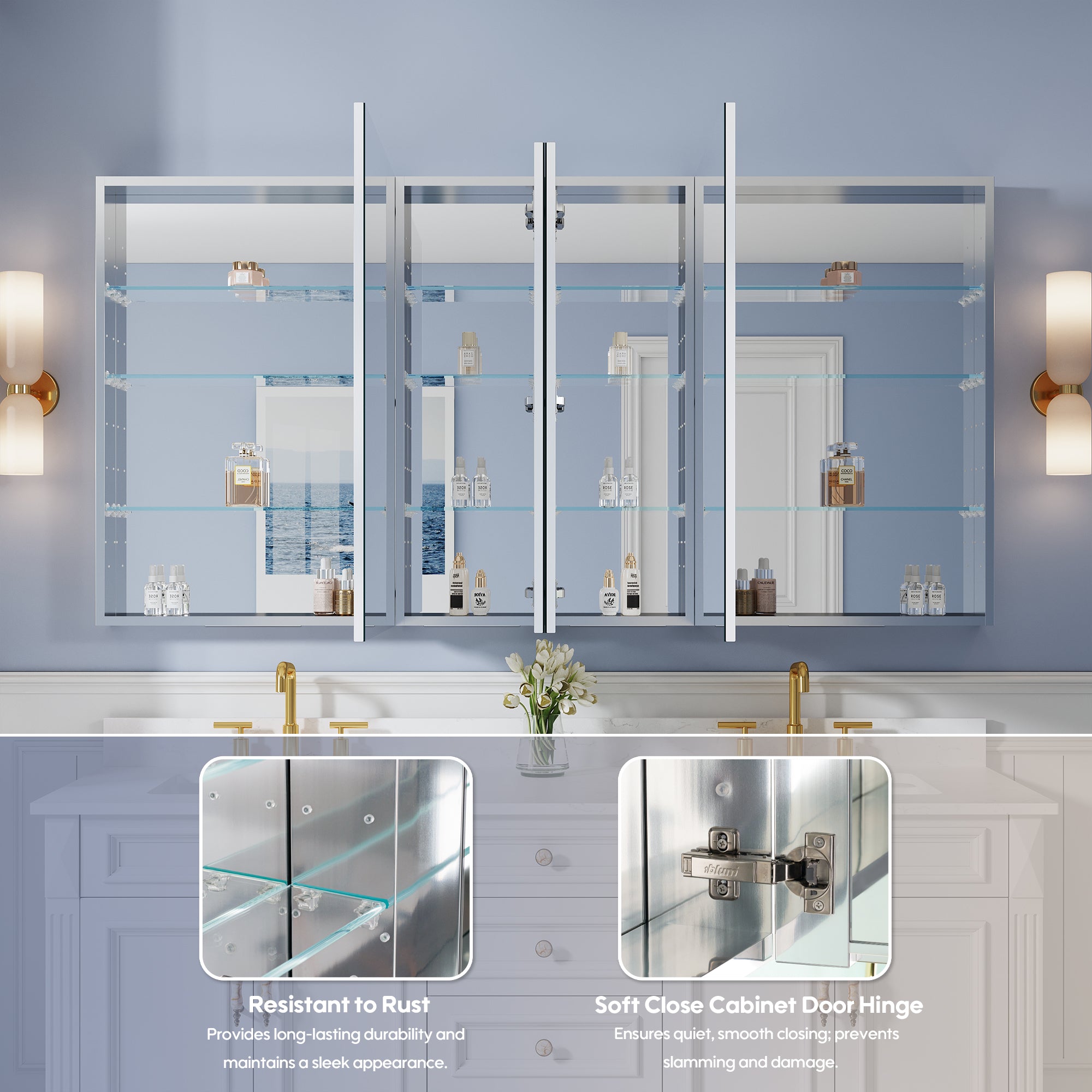 72 in. ×36 in. Copper-Free Tri-Views Mirror Medicine Cabinet with 12 Adjustable Shelves and 4 Swing Doors