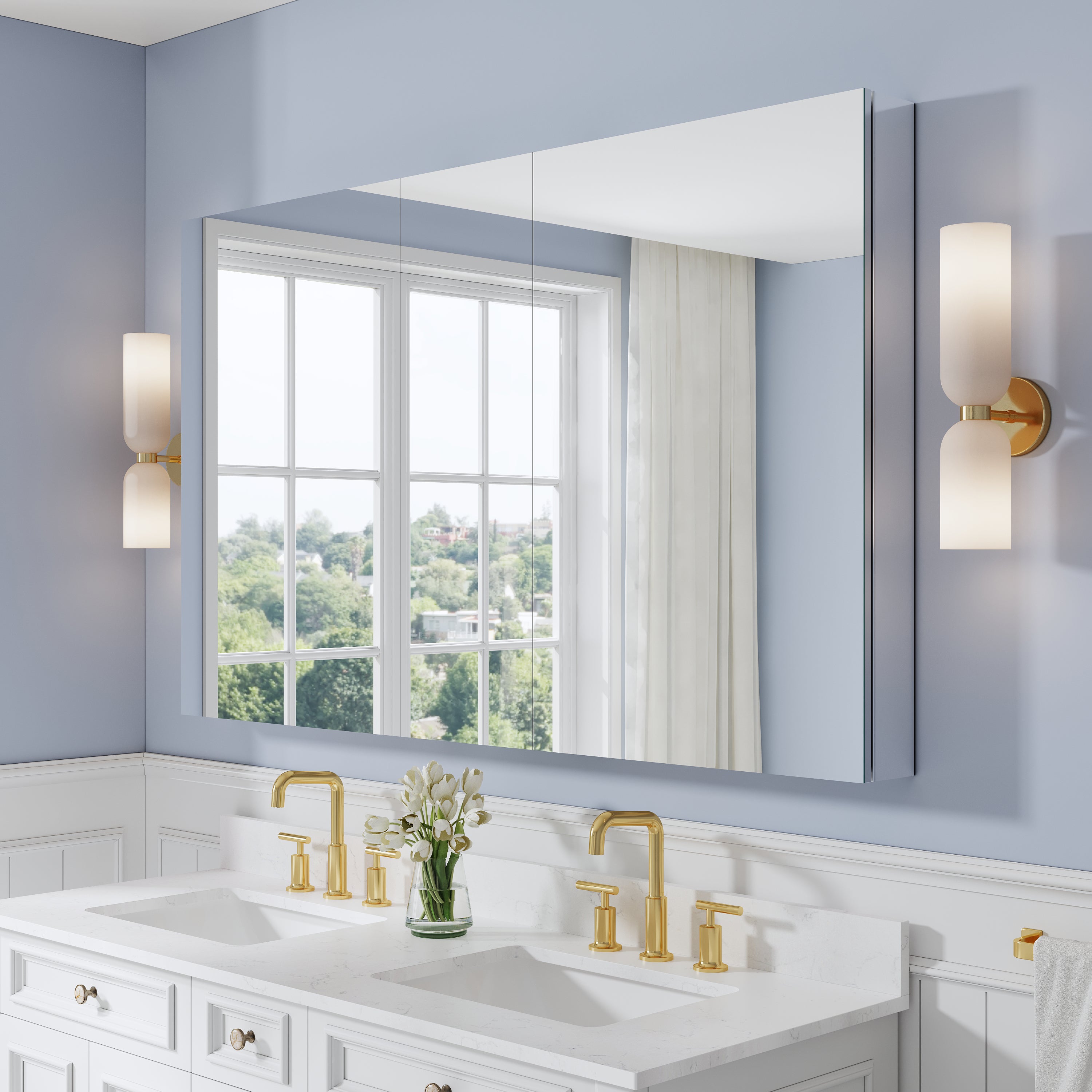 60 in. ×36 in. Copper-Free Tri-Views Mirror Medicine Cabinet with Adjustable Shelves and 3 Doors