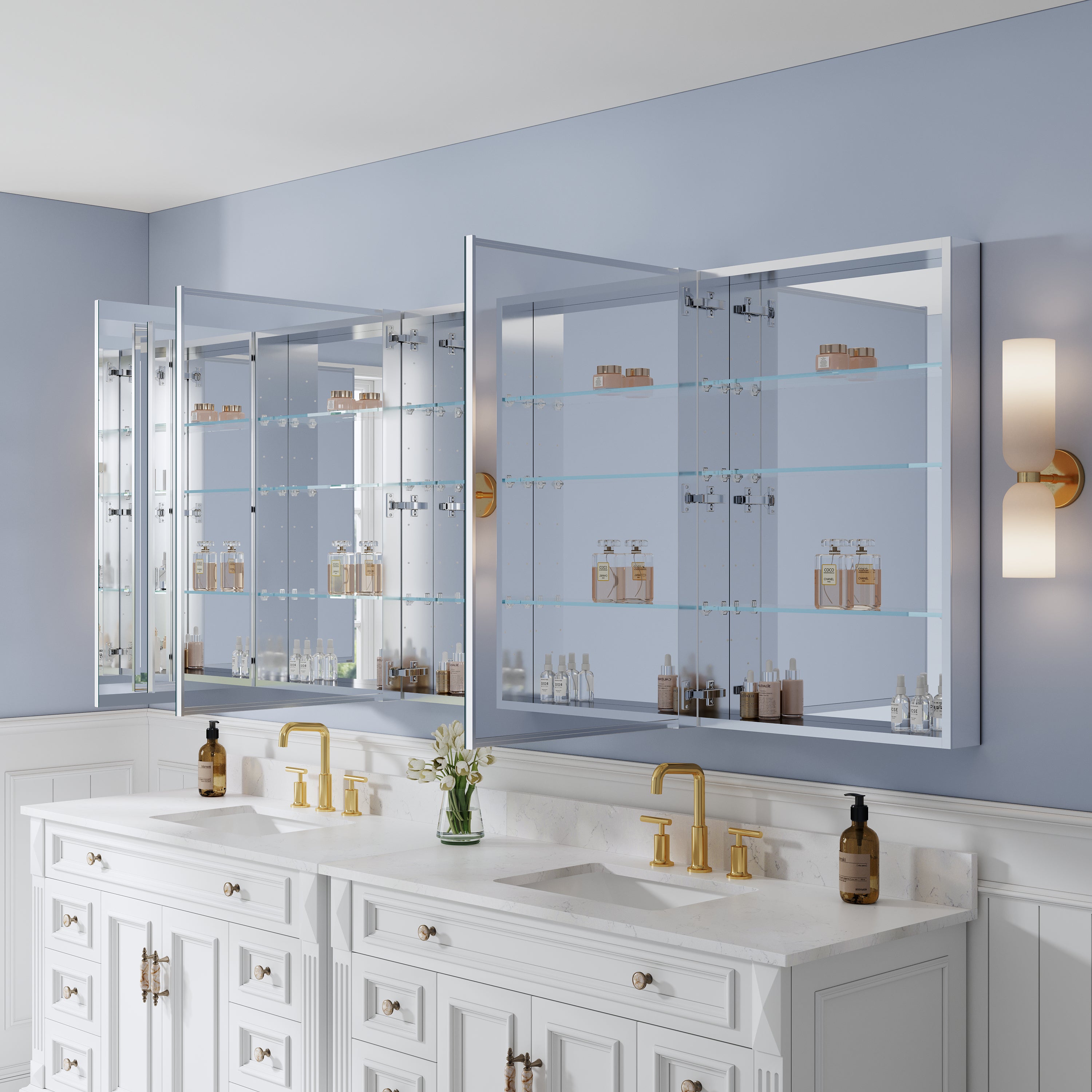 96 in. ×36 in. Copper-Free Tri-Views Mirror Medicine Cabinet with Adjustable Shelves and 5 Swing Doors