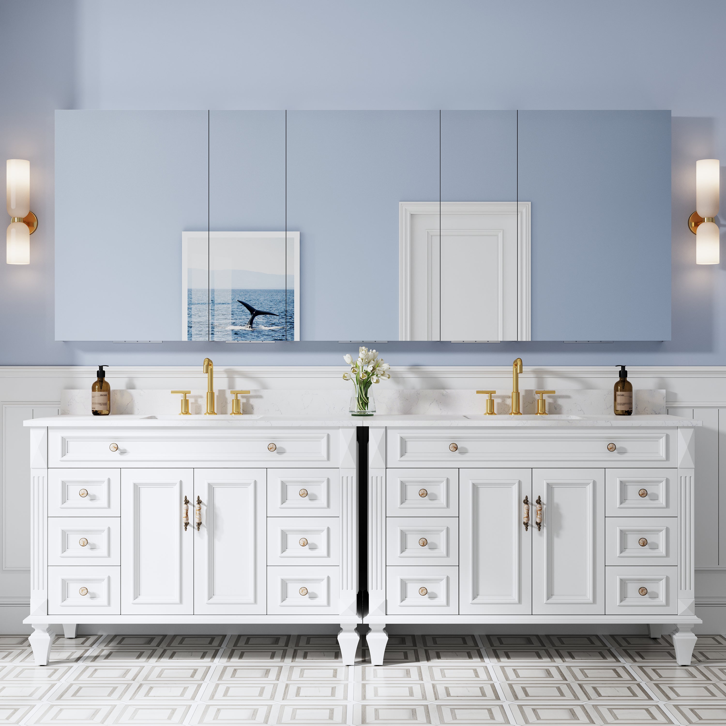 96 in. ×36 in. Copper-Free Tri-Views Mirror Medicine Cabinet with Adjustable Shelves and 5 Swing Doors