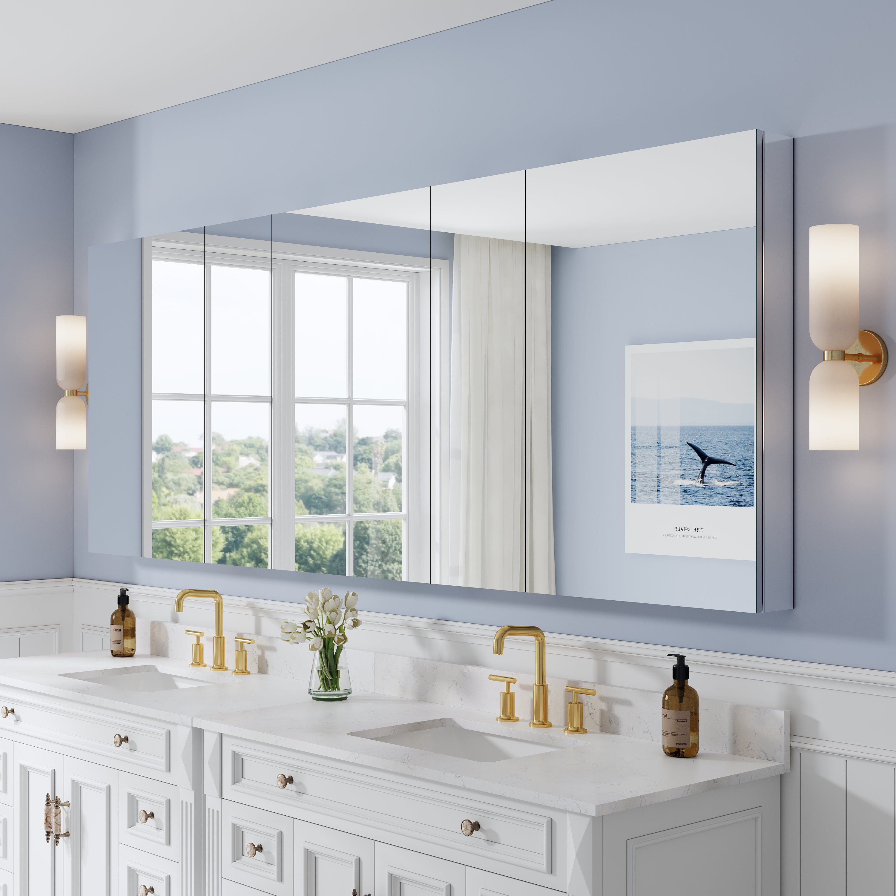 96 in. ×36 in. Copper-Free Tri-Views Mirror Medicine Cabinet with Adjustable Shelves and 5 Swing Doors