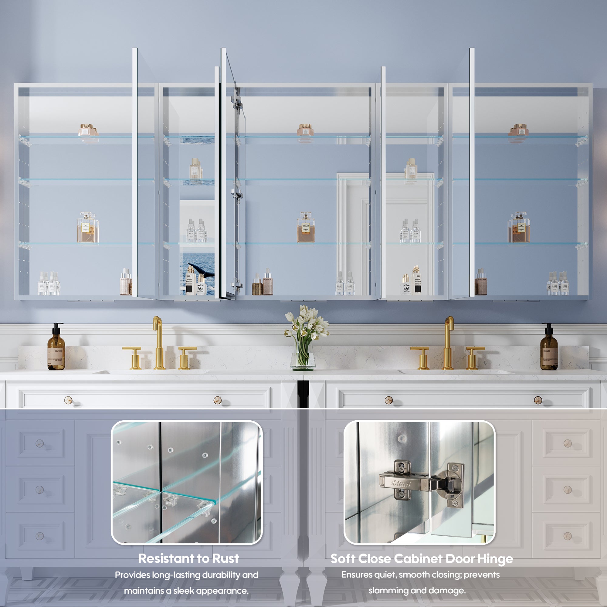 96 in. ×36 in. Copper-Free Tri-Views Mirror Medicine Cabinet with Adjustable Shelves and 5 Swing Doors