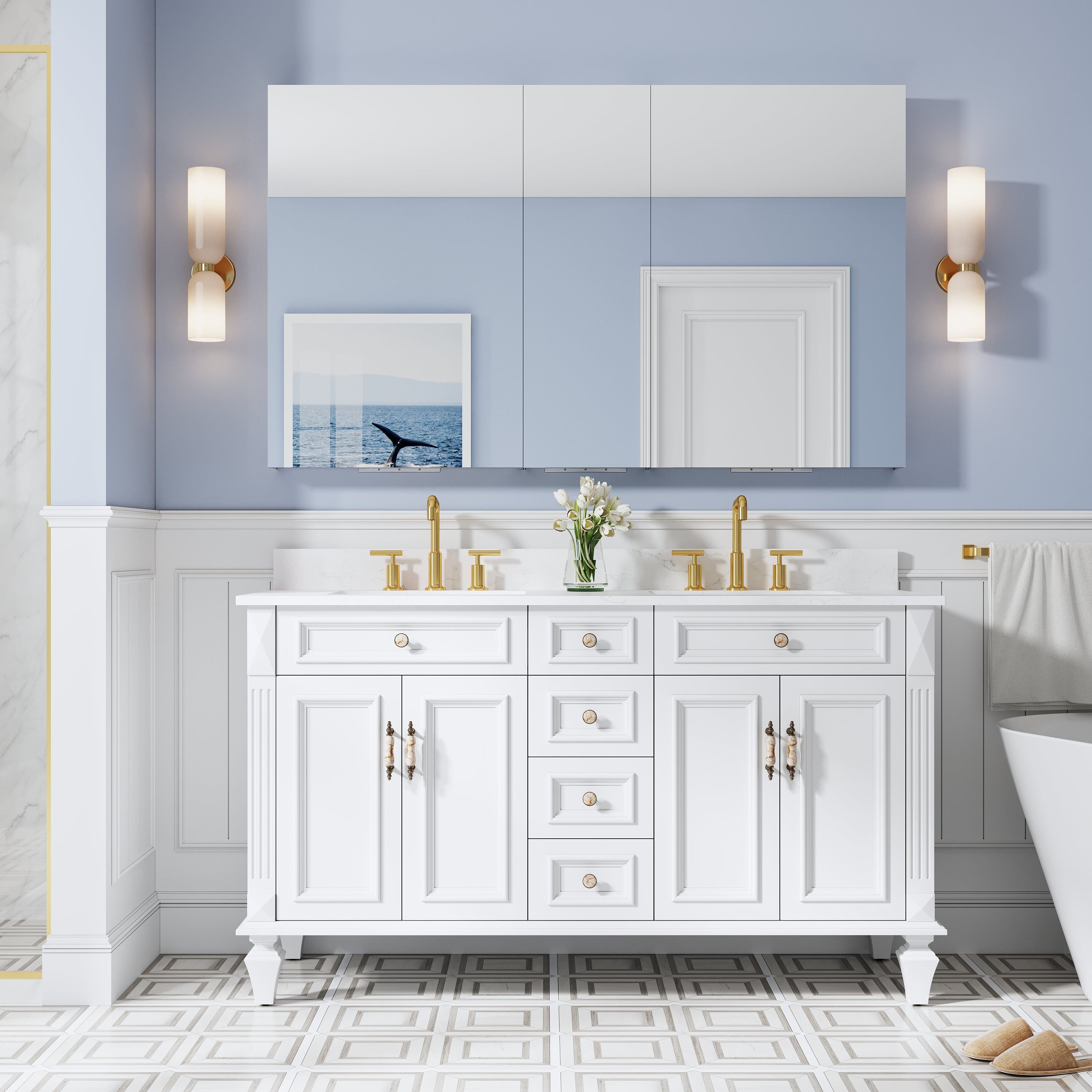 60 in. ×36 in. Copper-Free Tri-Views Mirror Medicine Cabinet with Adjustable Shelves and 3 Doors