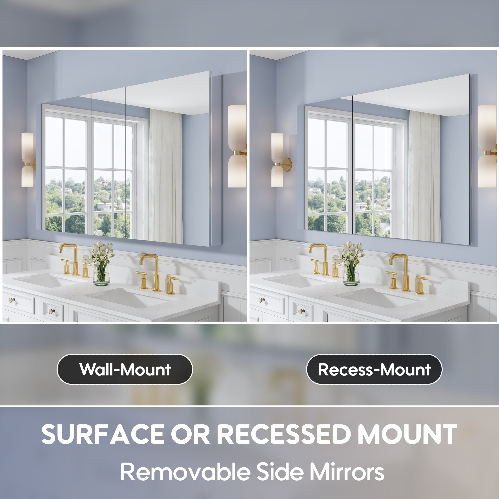 60 in. ×36 in. Copper-Free Tri-Views Mirror Medicine Cabinet with Adjustable Shelves and 3 Doors