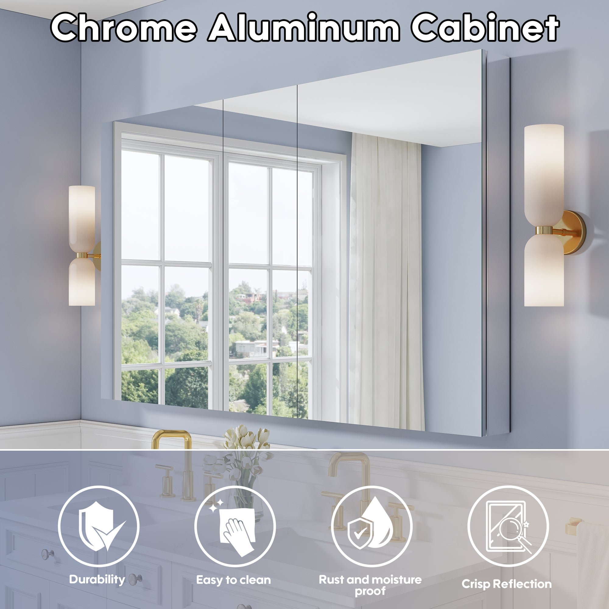 60 in. ×36 in. Copper-Free Tri-Views Mirror Medicine Cabinet with Adjustable Shelves and 3 Doors