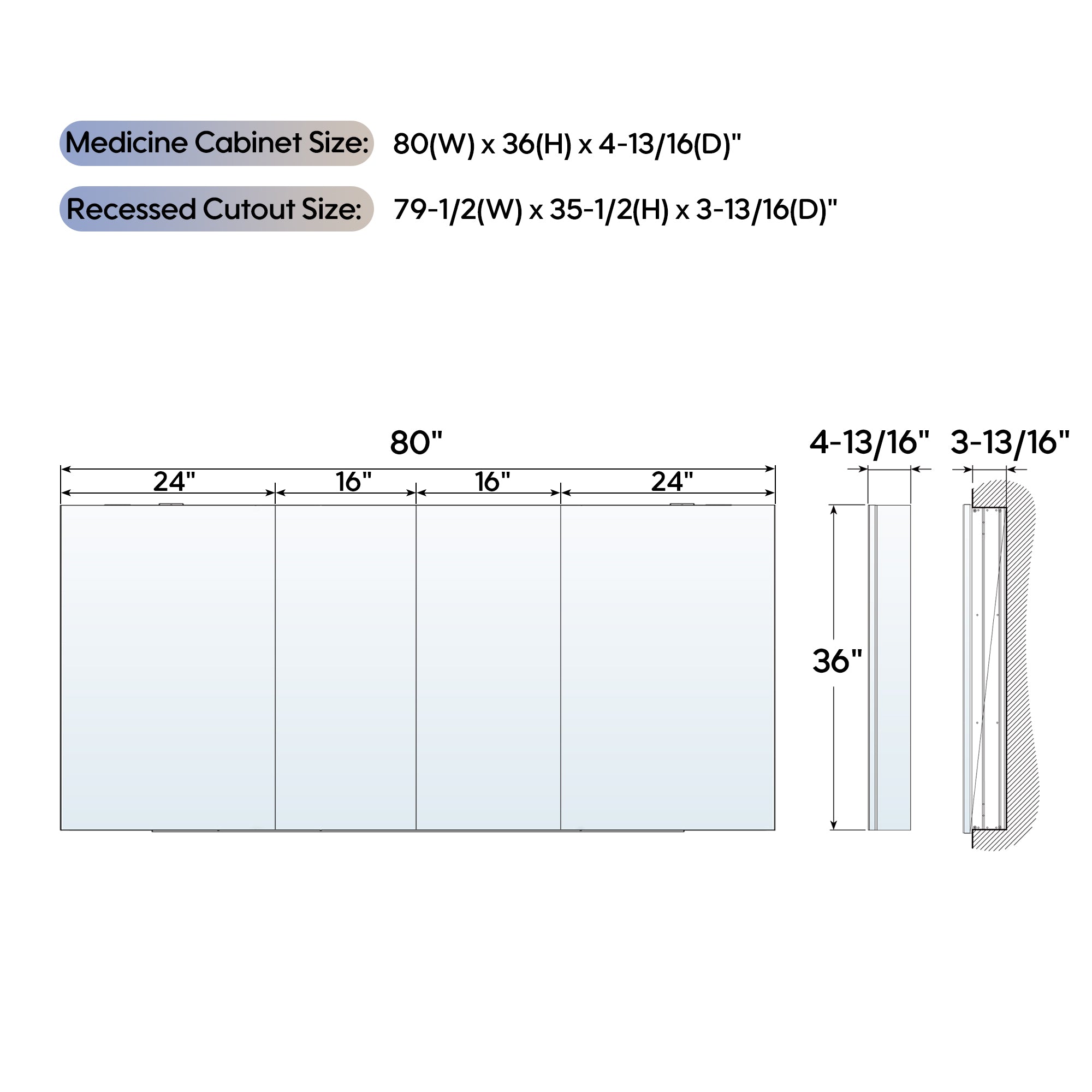 80 in. ×36 in. Copper-Free Tri-Views Mirror Medicine Cabinet with Adjustable Shelves and 4 Swing Doors