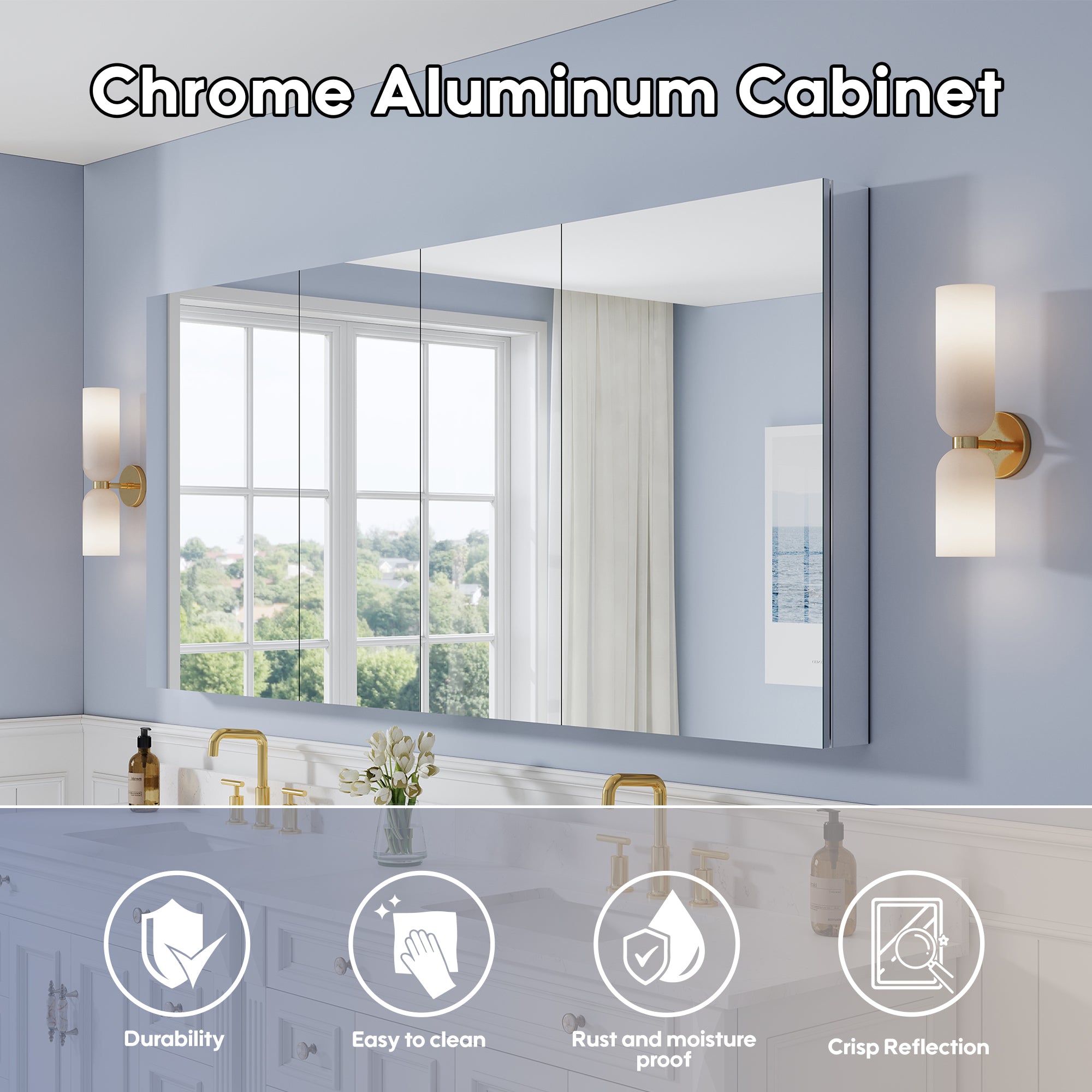 80 in. ×36 in. Copper-Free Tri-Views Mirror Medicine Cabinet with Adjustable Shelves and 4 Swing Doors