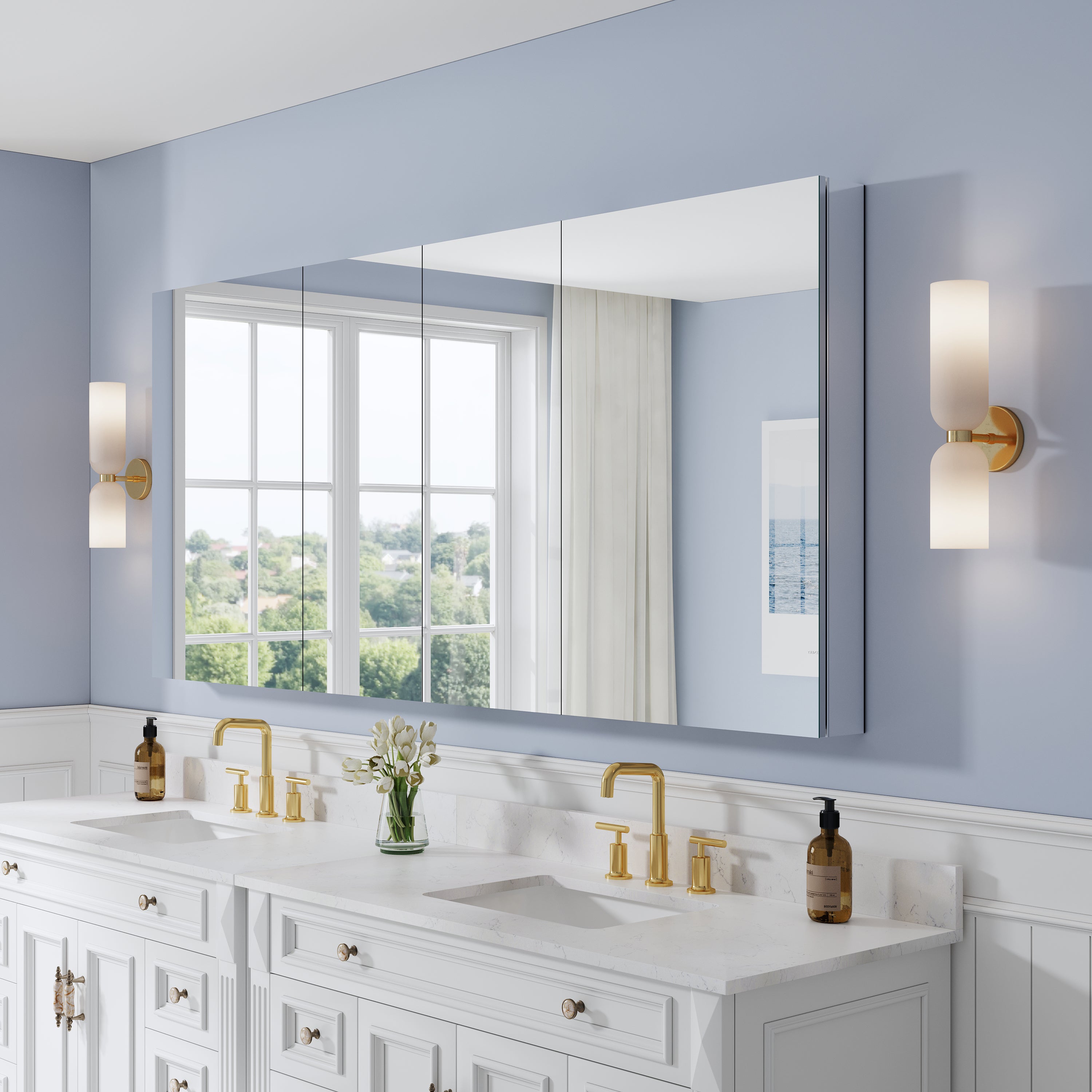 80 in. ×36 in. Copper-Free Tri-Views Mirror Medicine Cabinet with Adjustable Shelves and 4 Swing Doors