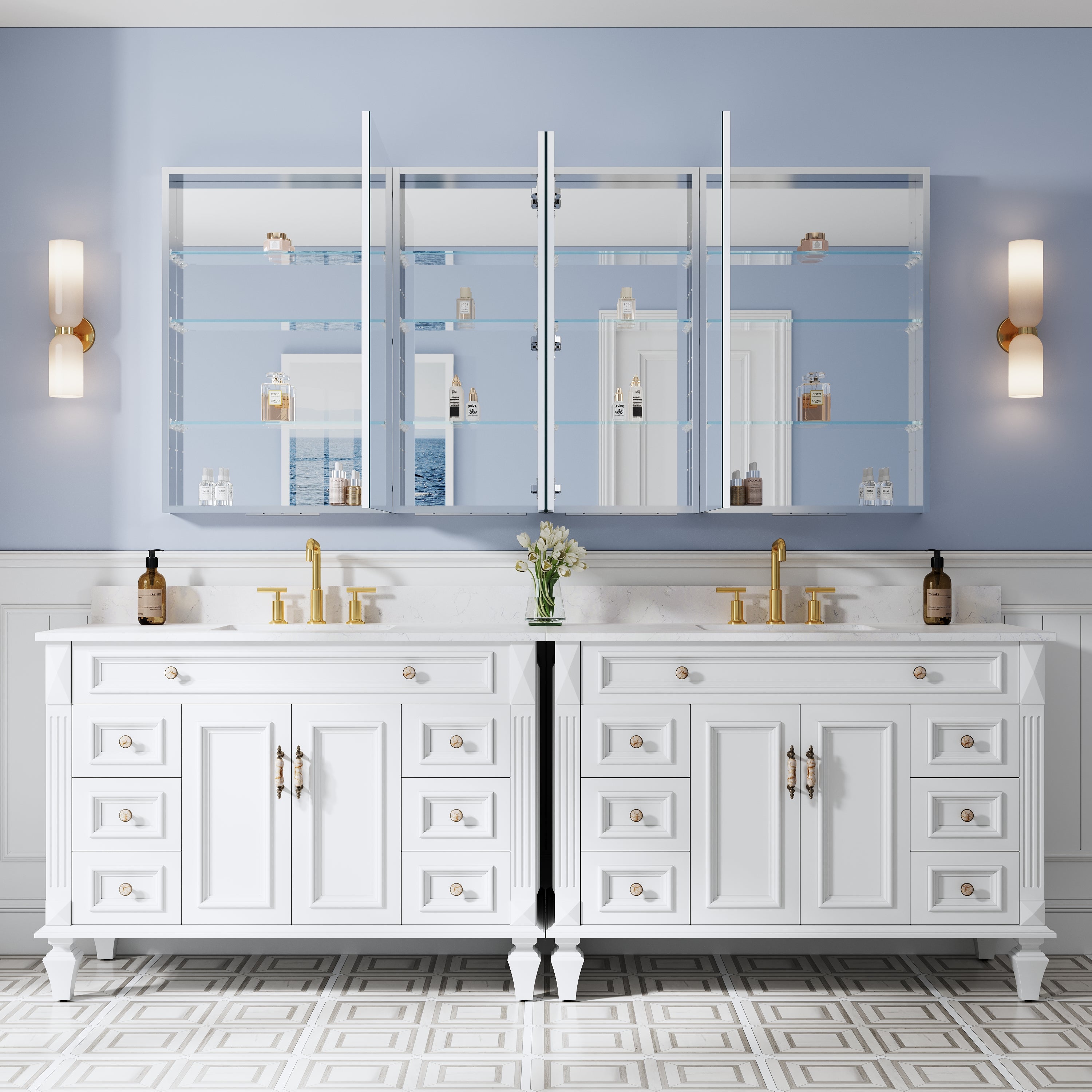 80 in. ×36 in. Copper-Free Tri-Views Mirror Medicine Cabinet with Adjustable Shelves and 4 Swing Doors