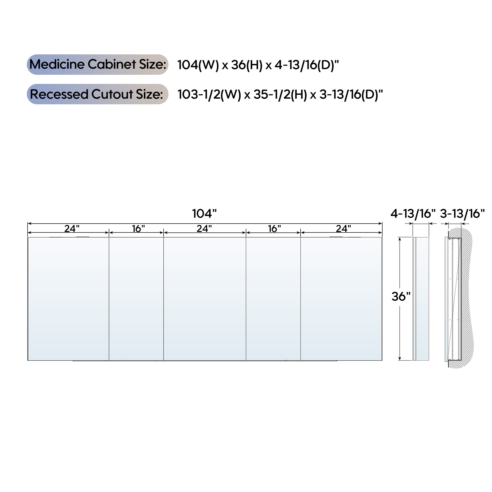 104 in. ×36 in. Copper-Free Tri-Views Mirror Medicine Cabinet with Adjustable Shelves and 5 Swing Doors