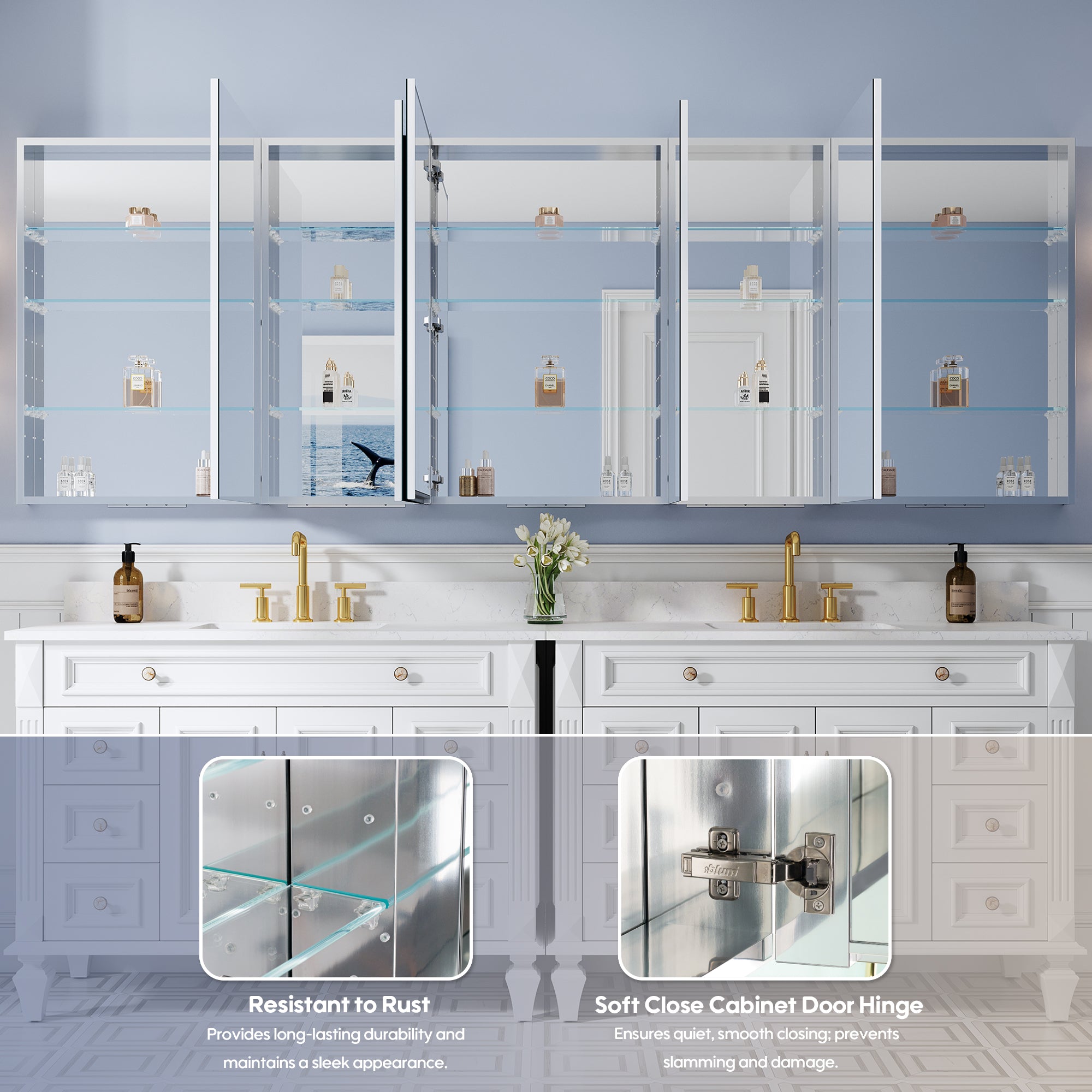 104 in. ×36 in. Copper-Free Tri-Views Mirror Medicine Cabinet with Adjustable Shelves and 5 Swing Doors