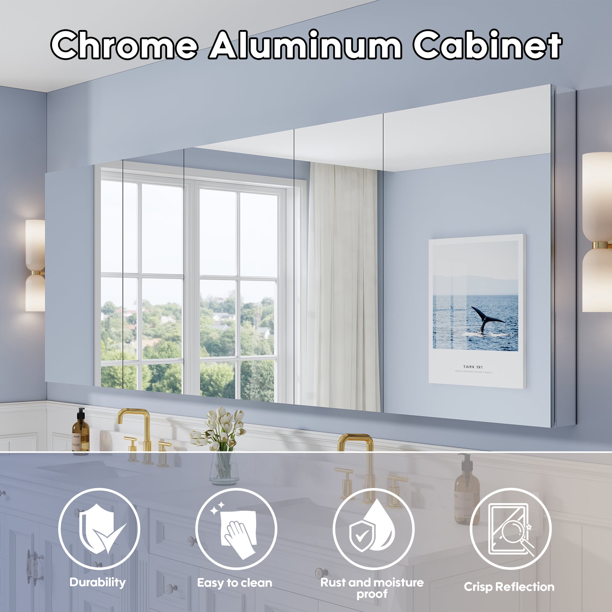 104 in. ×36 in. Copper-Free Tri-Views Mirror Medicine Cabinet with Adjustable Shelves and 5 Swing Doors