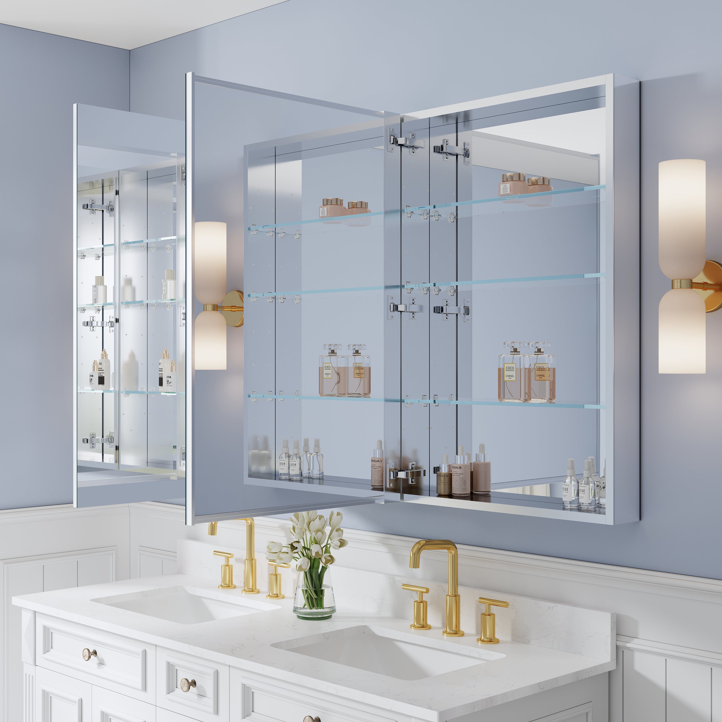 64 in. ×36 in. Copper-Free Tri-Views Mirror Medicine Cabinet with Adjustable Shelves and 3 Doors