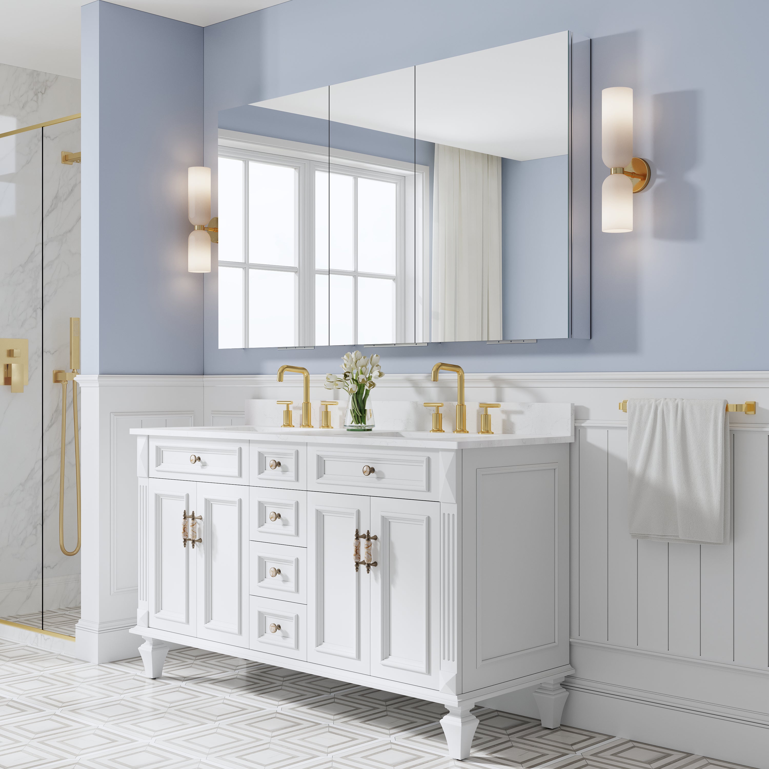 64 in. ×36 in. Copper-Free Tri-Views Mirror Medicine Cabinet with Adjustable Shelves and 3 Doors