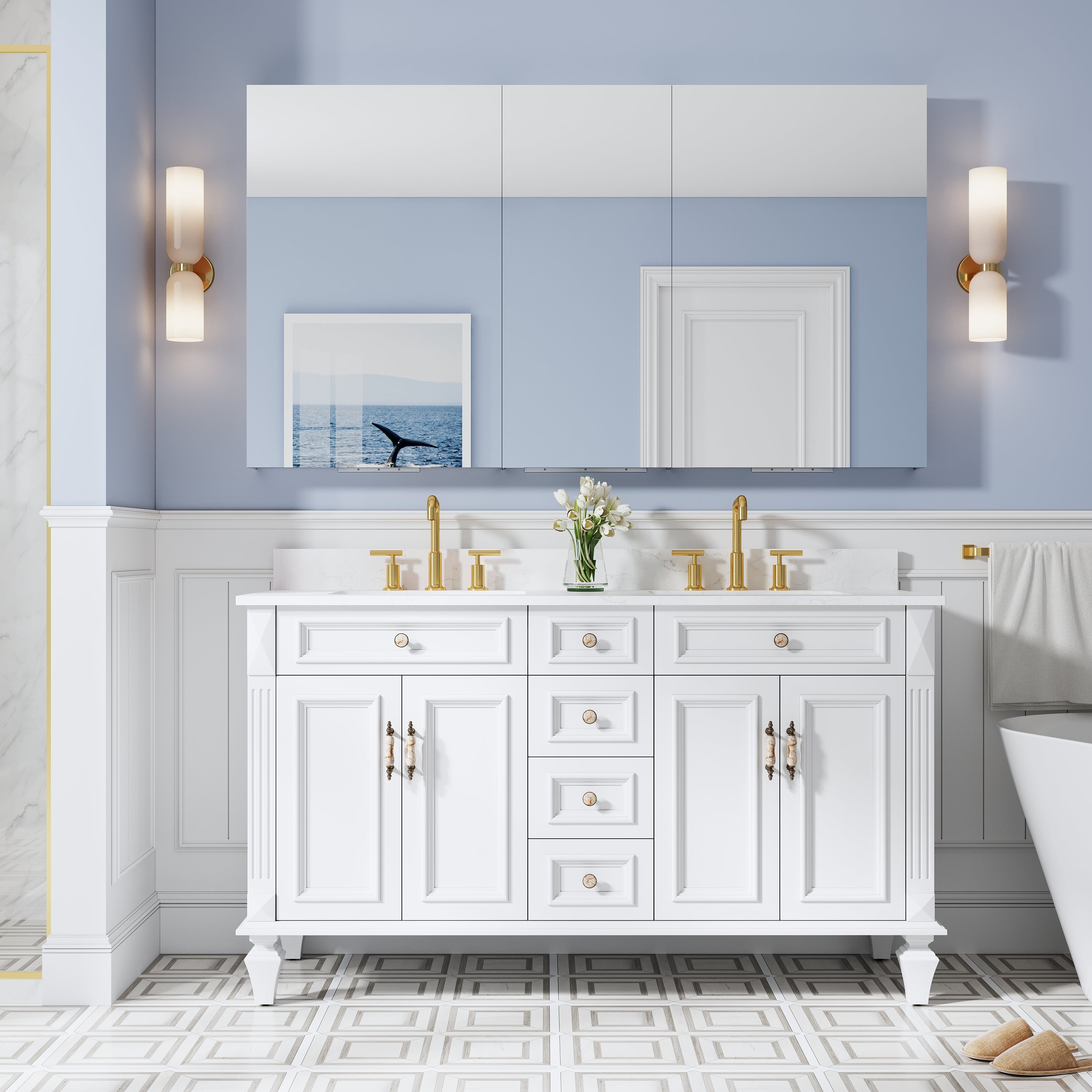 64 in. ×36 in. Copper-Free Tri-Views Mirror Medicine Cabinet with Adjustable Shelves and 3 Doors