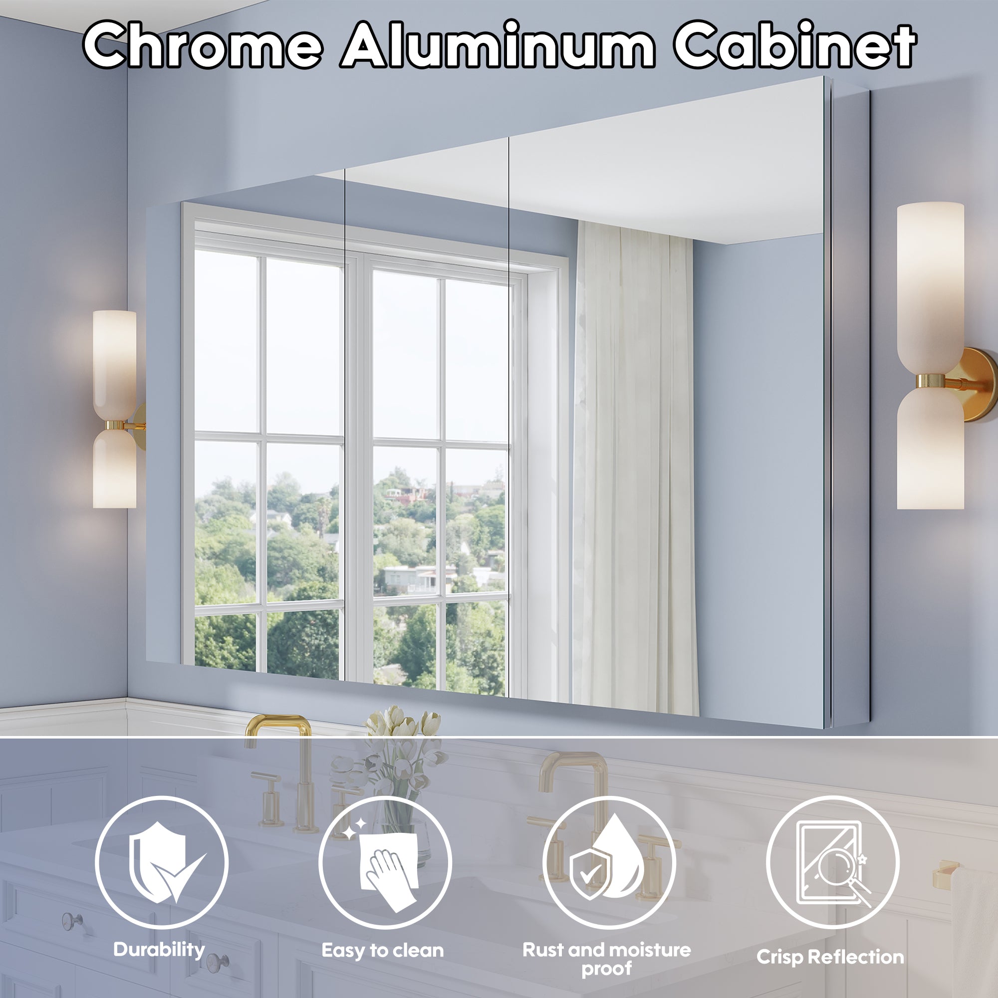 64 in. ×36 in. Copper-Free Tri-Views Mirror Medicine Cabinet with Adjustable Shelves and 3 Doors